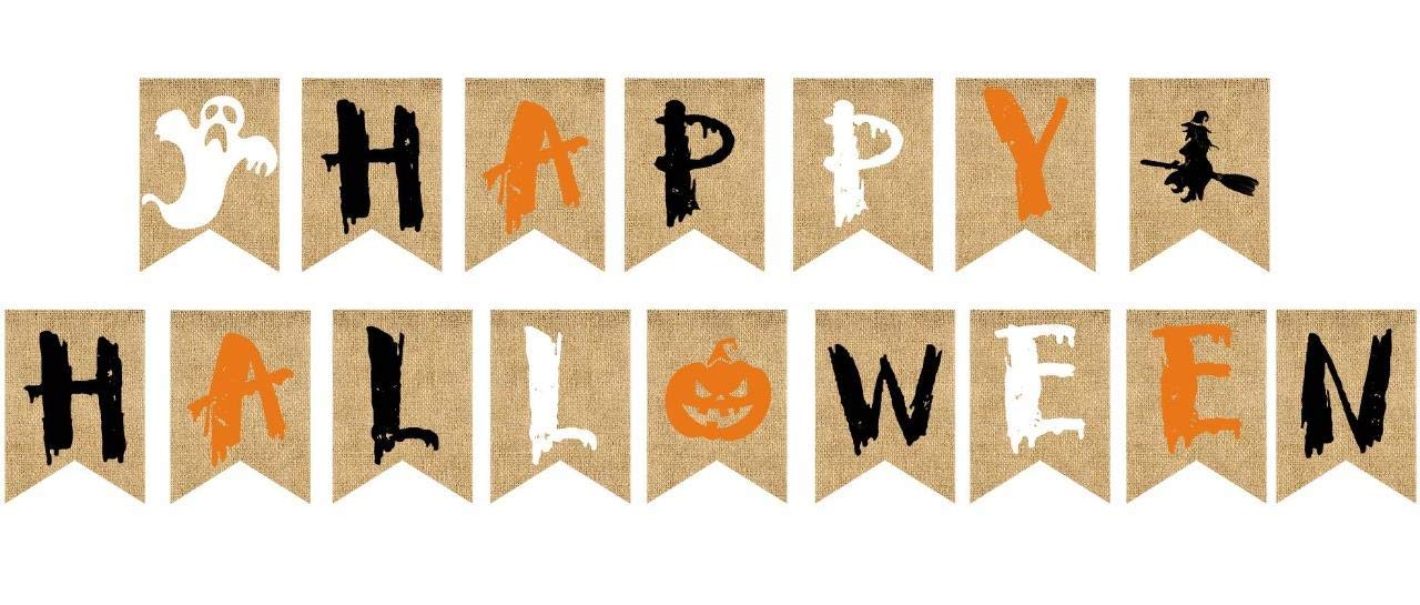 Happy Halloween Burlap Banner - 5.5x6.7 Inch Multicolored Pumpkin & Witch Party Decoration - View #10