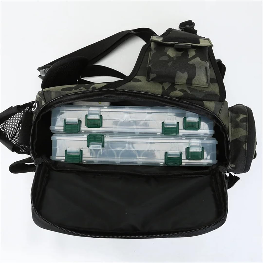 Suwequest Borsa da pesca con esche multifunzione Marsupio per canna da pesca Borsa a tracolla Borsa per attrezzi da pesca, Nero Camo Plus