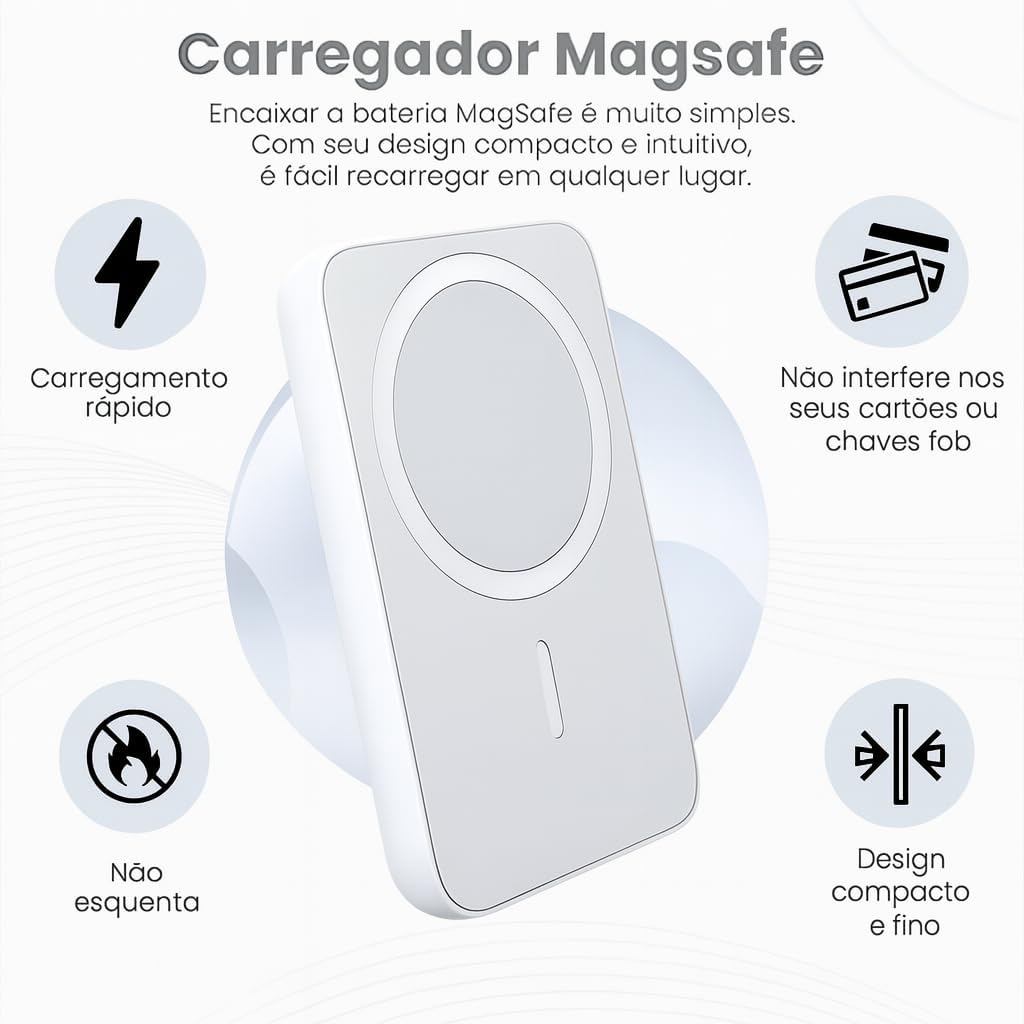 Power Bank Indução 5.000mAh Turbo, Carregador Portátil Magnético, Carregamento Ultra Rápido, Leve e Compacto, Compatível Com Todo Celular Com Carregamento Mag - Linha Premium - Branco