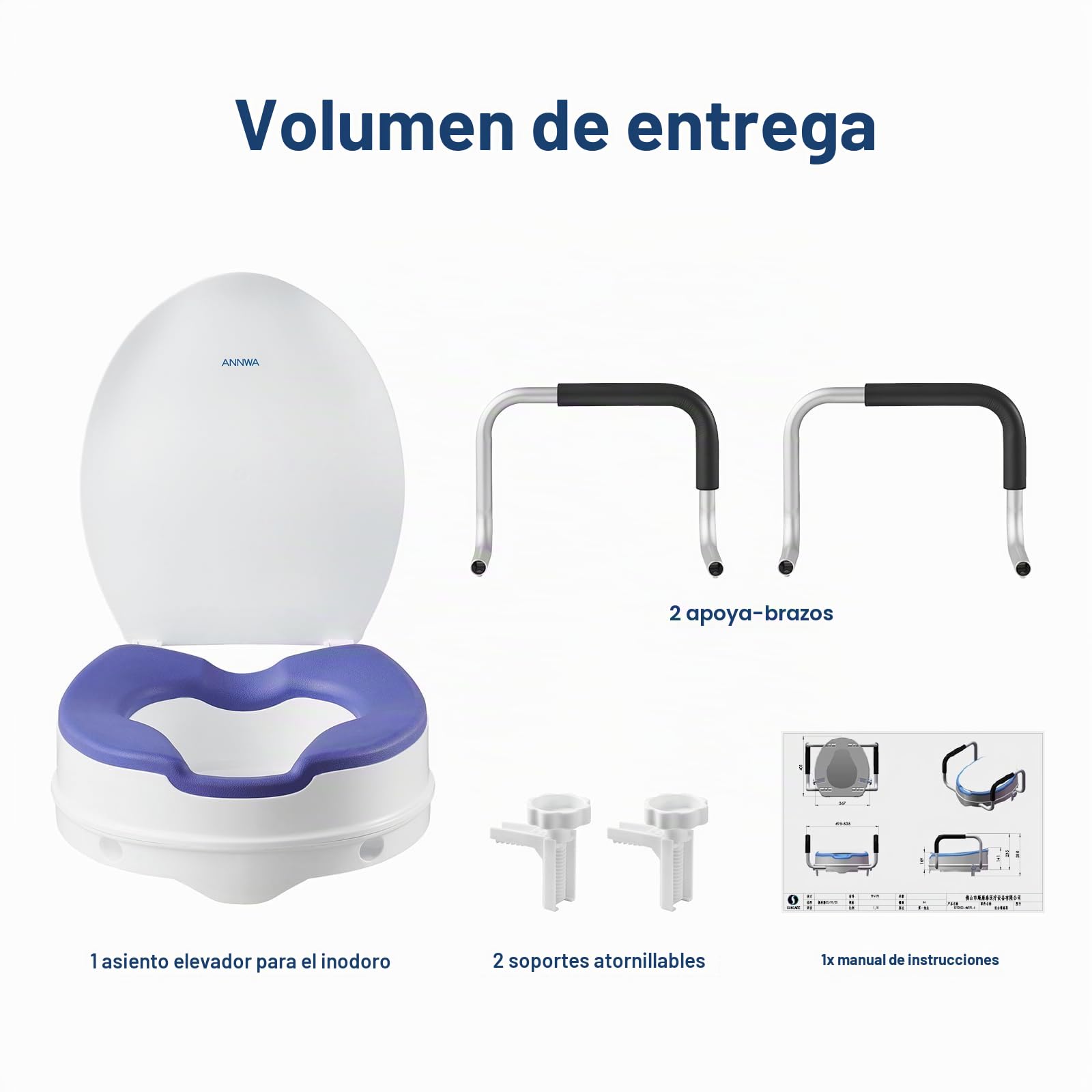 Elevador WC Adulto con Reposabrazos Acolchados, Altura 10 cm, Adaptador WC Adultos con Alta Capacidad hasta 190 kg, Compatible con Inodoros en Forma O y U, para Personas Mayores y Postoperatorio