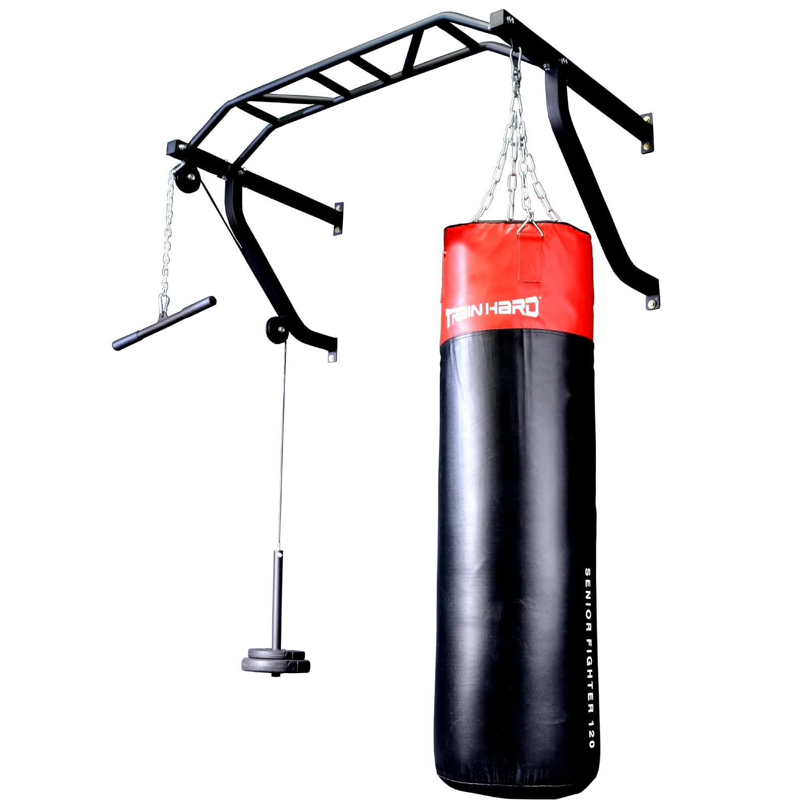 TrainHard® Wielofunkcyjny drążek do podciągania na ścianie z podciąganiem i uchwytem na worek bokserski/opcjonalnie: worek bokserski 80 cm do 130 cm (bez krążków do hantli!)
