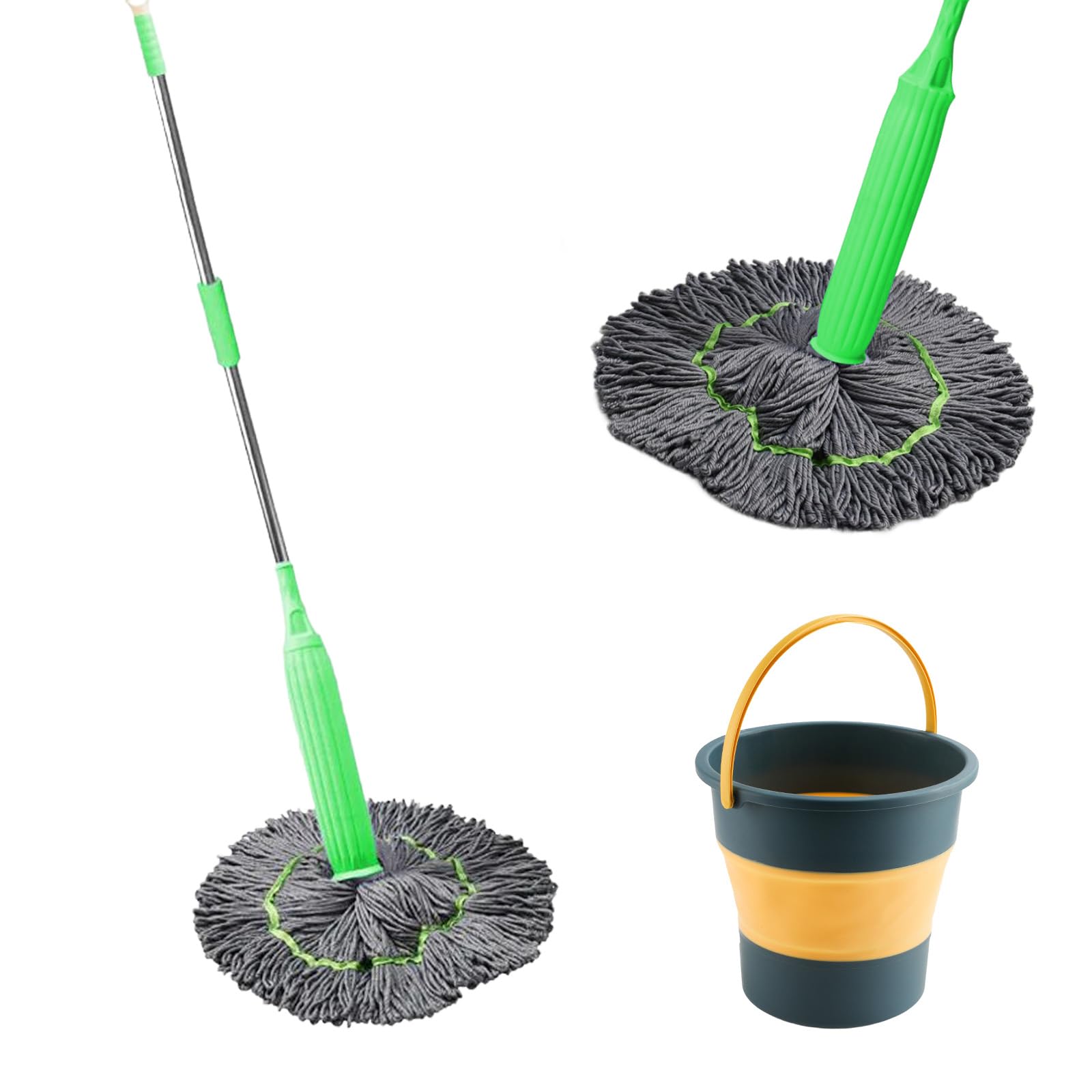 New 2 in 1 Dehydrated Mop, Self-Wringing Twist Mops for Floor Cleaning with Folding Bucket, 360 Degree Spin Round Wall Cleaning Wet and Dry Mop, for Hardwood, Vinyl, Tile Cleaning
