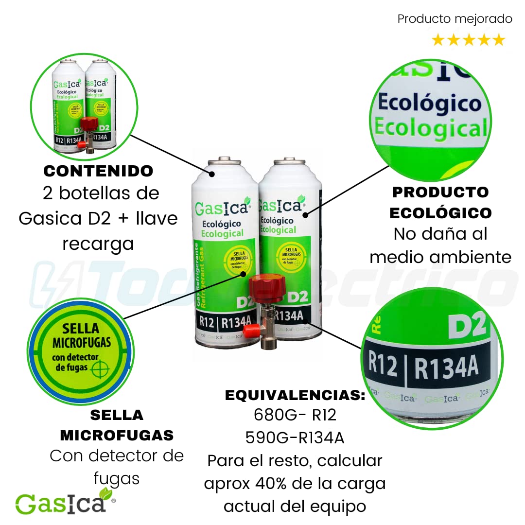 Todoeléctrico - Gasica D2 PACK AHORRO (2x226Gr) Botellas Gas Refrigerante Ecológico Gasica D2 sustituto de R12, R134A más llave recarga gas para aire acondicionado