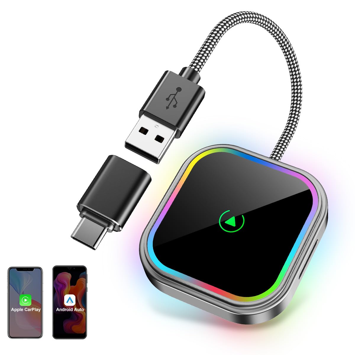 ESSGOO Mini Adaptador Inalámbrico para Apple CarPlay/Android Auto, Adaptador 2 en 1 CarPlay Inalámbrico Bluetooth con Enchufe USB A/C, Compatible con iOS 10+ y Android 11+, RGB con Control de Voz