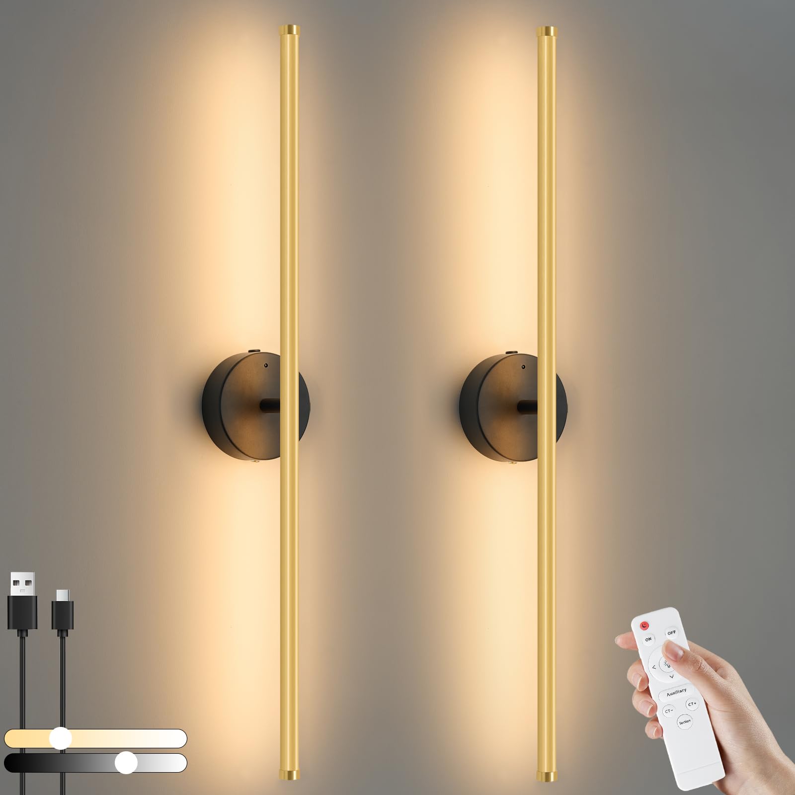 31.5'' Battery Operated Wall Sconces, Gold 10000 mAh Rechargeable Wall Lights with Remote Control, Wireless LED Dimmable Wall Sconce Set of 2, Modern Magnetic Wall Lamp Decor for Living Room Bedroom