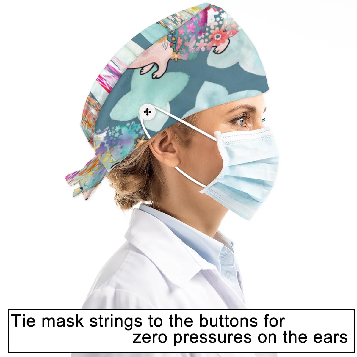 Mularoka Watercolour Flower Hedgehog Working Caps with Button Sweatband Comfortable Adjustable Bouffant Hats Work Hat for Women Men