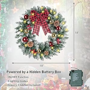 Christmas Wreath for Front Door with Lights Christmas Lighted Wreath with Red Bow Ball Pine Cones for Door Window Wall Xmas Holiday Decoration