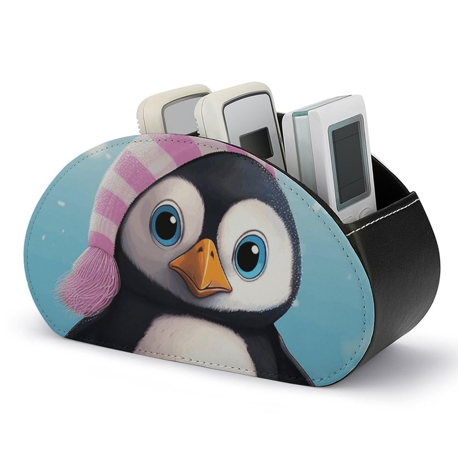 JTREHY Lovely Penguin Remote Control Holder with 5 Compartments Pu Leather Remote Caddy Box Multi-functional Deskt Holders Organizer Box Tray Bedside Table Storage Organizer