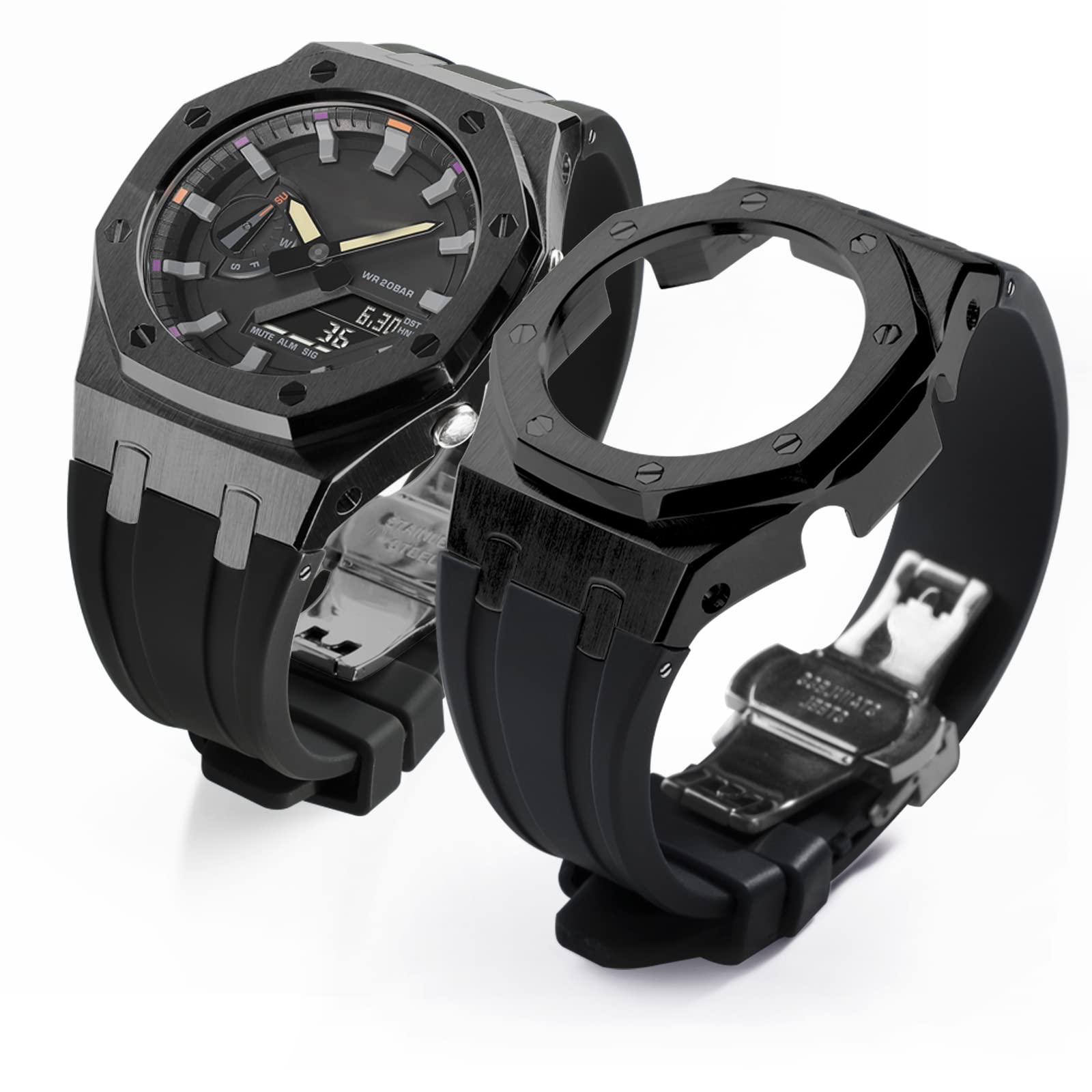 Neuupesen GA2100 Stainless Steel Watch Case Metal Watchband Rubber Strap Mod Kit for GA-2100 GA-2110 Series Watch Part Replacement (GA2100, Black+black set)