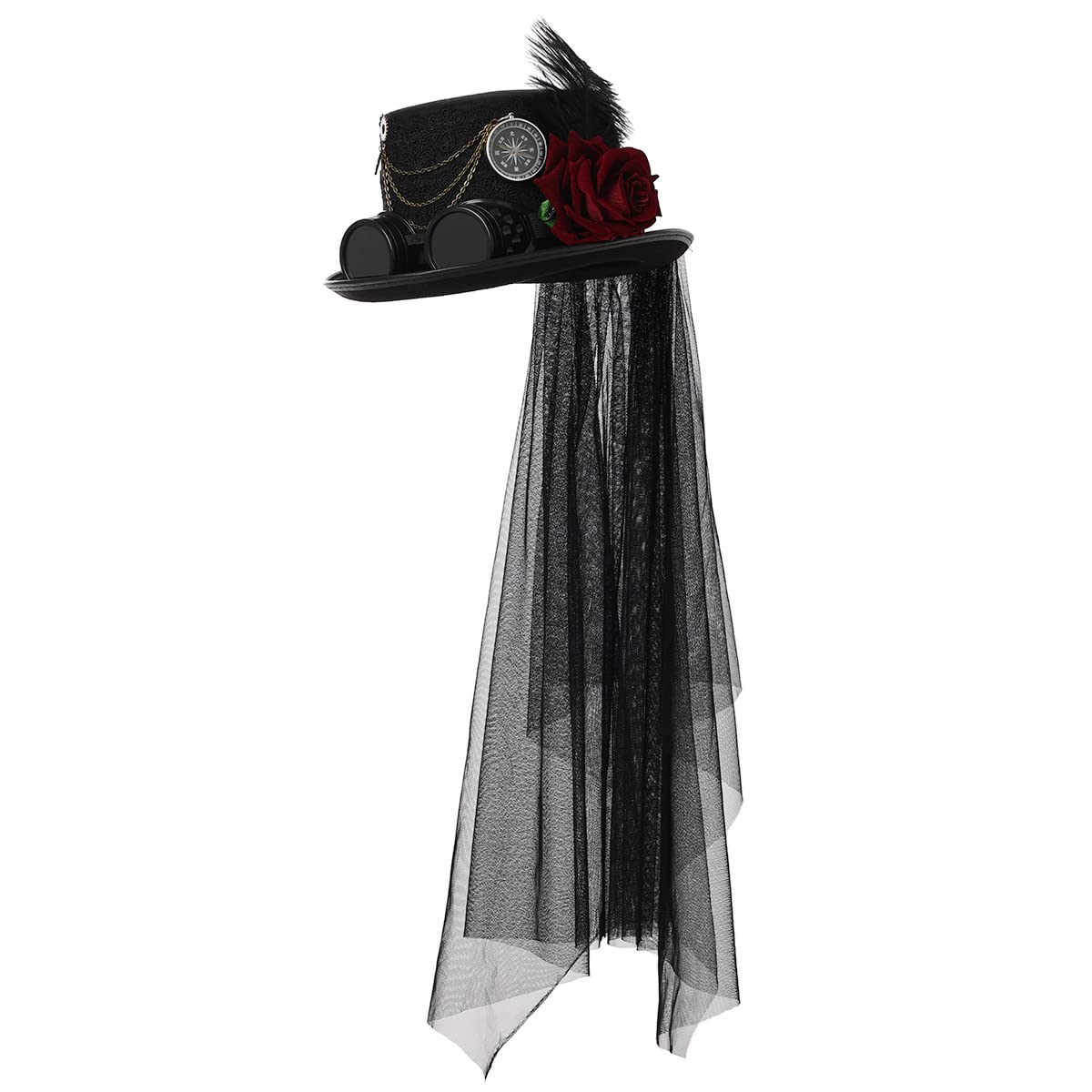 BPURB Chapeau Haut de Forme Steampunk Unisexe Adulte avec Lunettes Gothique Victorien Dentelle Voile Plume Chapeau Haut de Forme