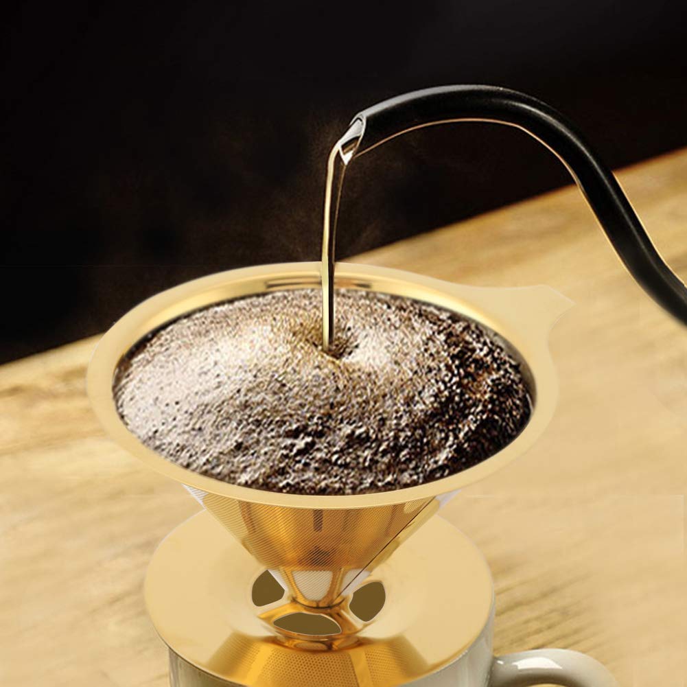 Filtro de goteo de café dorado de acero inoxidable con soporte para tazas y mango para el hogar, oficina, viajes, Camping
