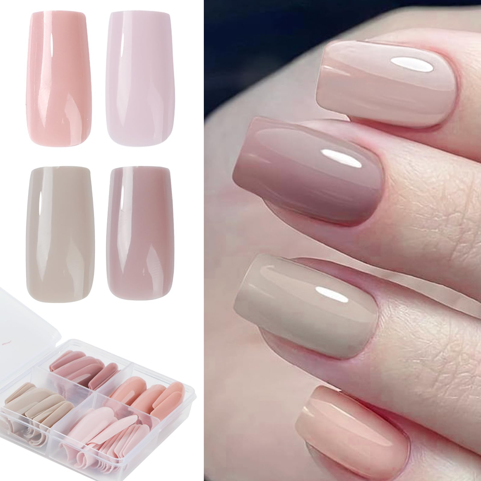 GEBETTER 96Pcs Uñas Postizas Largas Cuadradas, 4 Colores Lisos 10 Tamaños, Press On Nails, Uñas Falsas Artificiales, Decoración Uña Manicura Mujer Cubierta Completa Regalo, Pegamento Lima, 1 Cajita