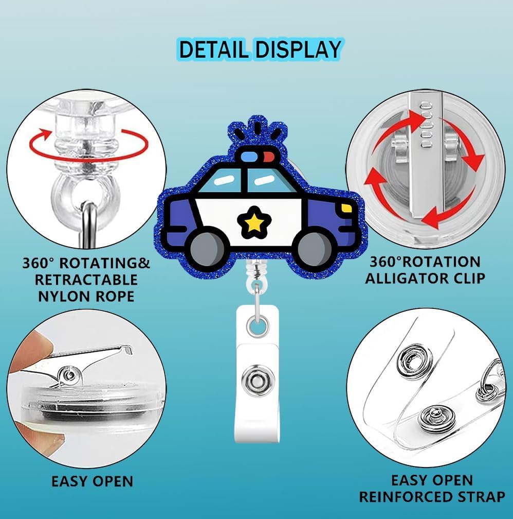 2p Badge Reel Police car Retractable ID Clip Badge Reel Holder Funny Cute Acrylic Badge Accessories for Unique Nurse Office Worker Teacher Students Woman Men image 3