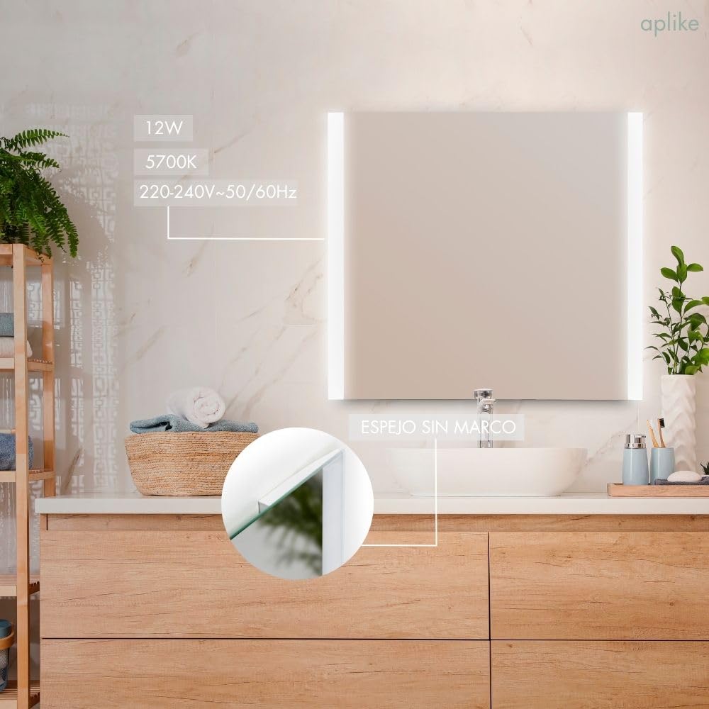 Aplike - Espejo de Baño Rectangular con 2 Tiras de Luz LED - 2 Posiciones (Horizontal y Vertical) - Luz Blanca Fría (5700K) - 80 x 60cm | Modelo Praga