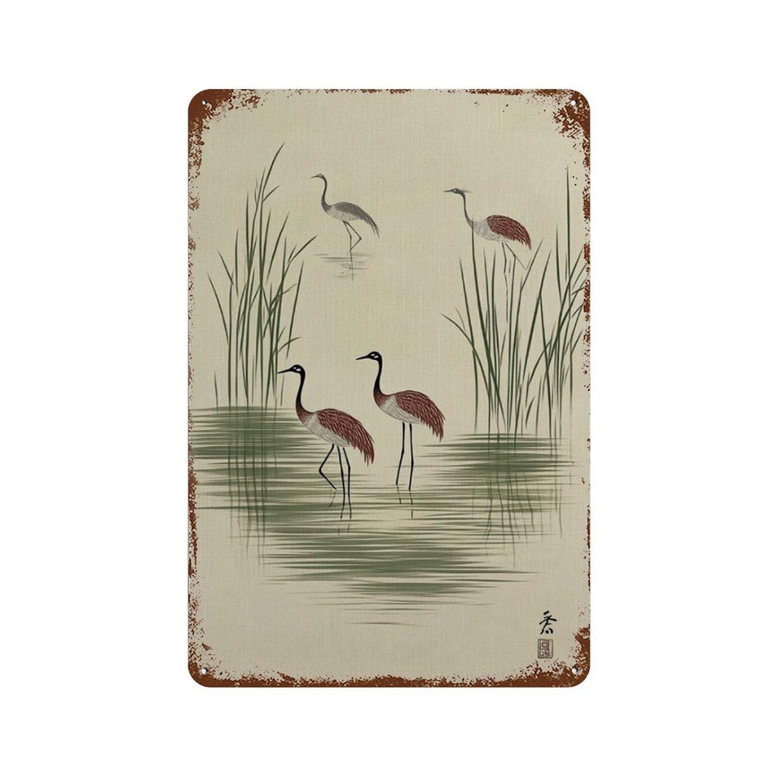 xiaoxiaoshen Crane Bird Minimal Japanese Style Nature Wildlife Wall Decor Art Metal Tin Poster Modern Home Decor Art Home Bar Shop Decorations Vintage Sign 30x20cm