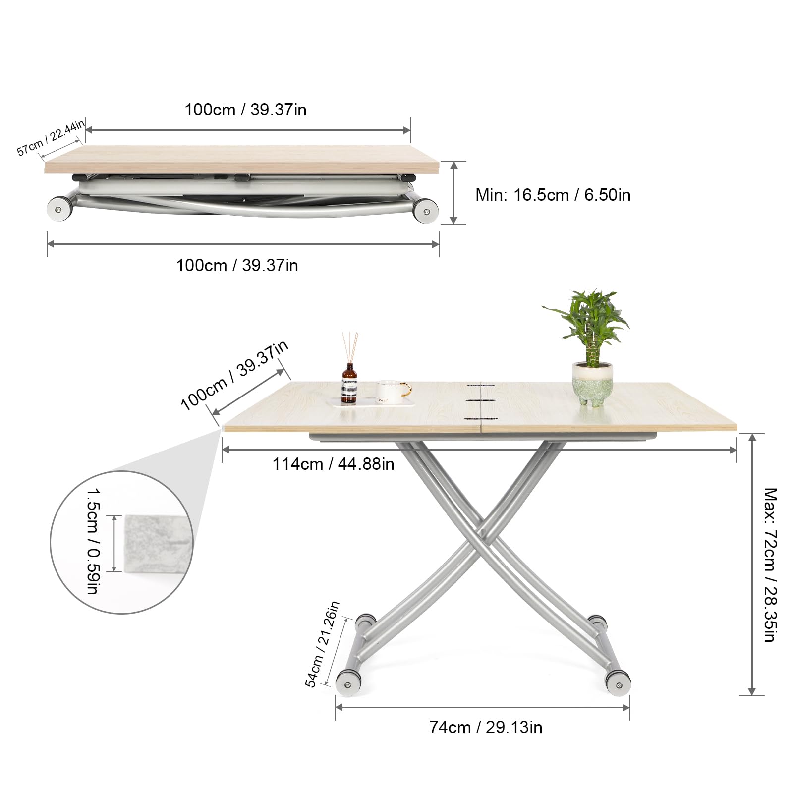 Table Salon Salle à Manger JEFFORDOUTLET Table Basse Réglable 3 En 1 - Hauteur 18-74,5cm - Plateau Extensible 100x57-114cm Table Camping Pliante