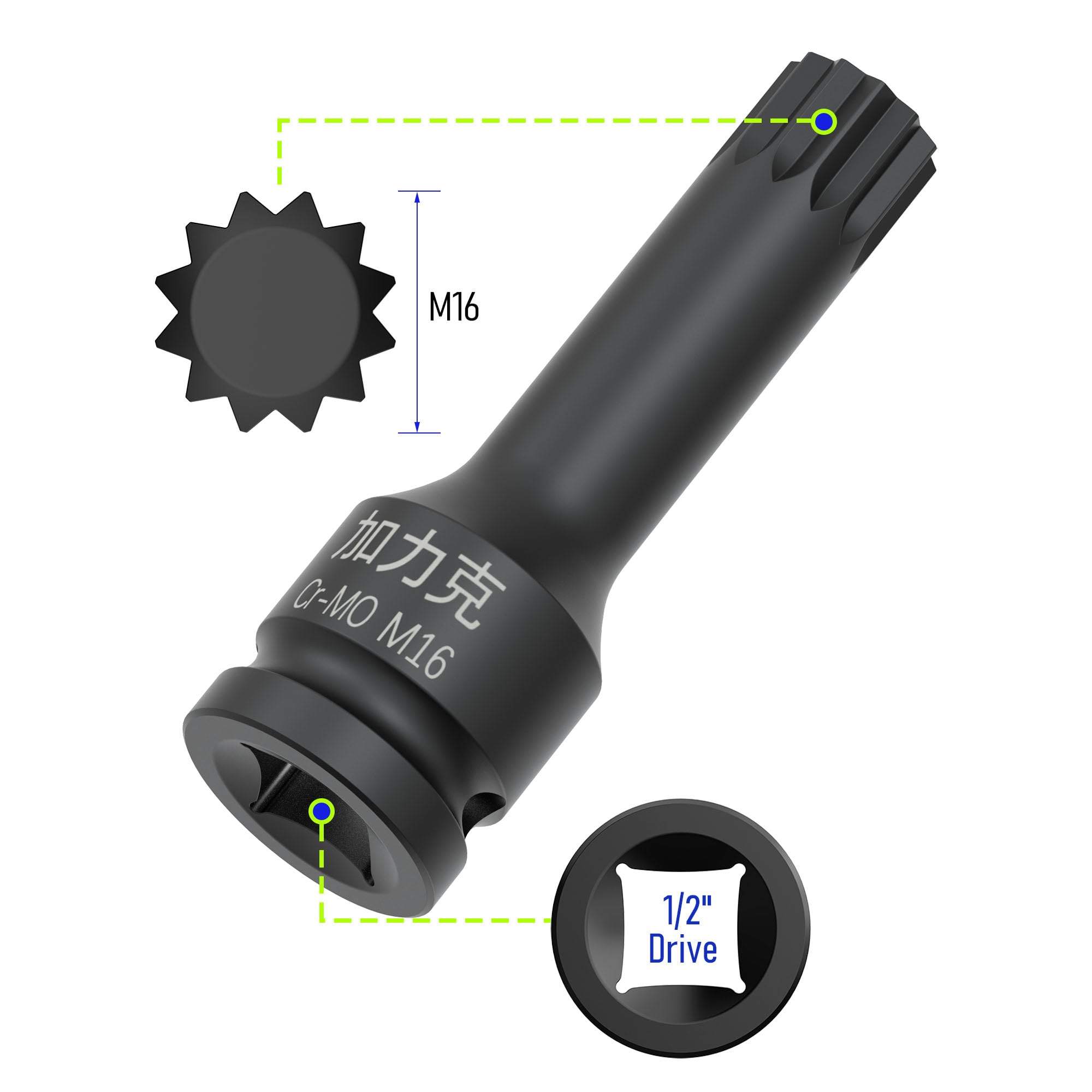 FOCMKEAS 1/2-Inch Drive x M16(16mm) Impact XZN Triple Square Spline Bit Socket, Metric Lengthen Screwdriver Socket Adapter - Image 2