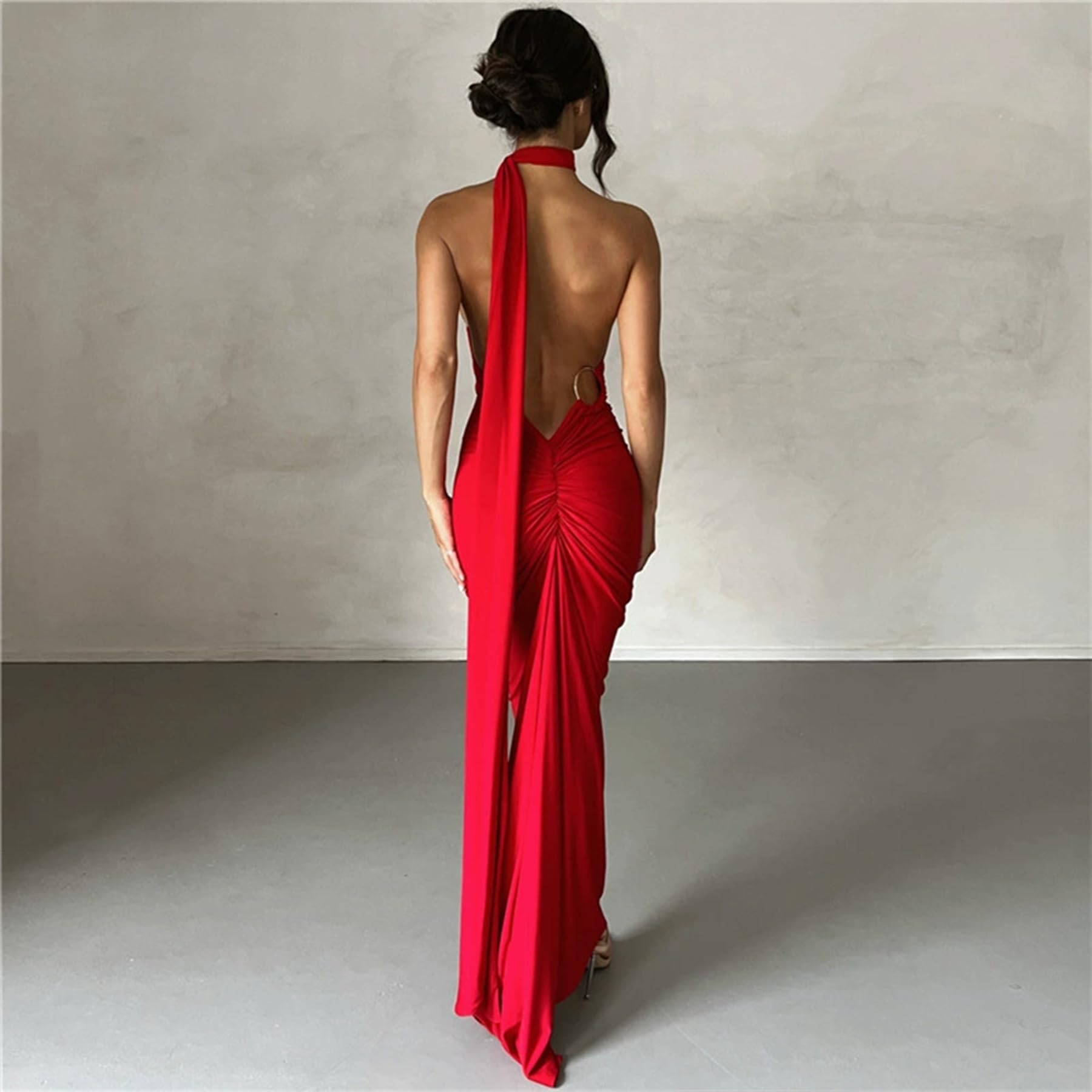 Vestido largo ajustado para mujer, sexy, sin mangas, espalda descubierta, fruncido, elegante, vestido de graduación
