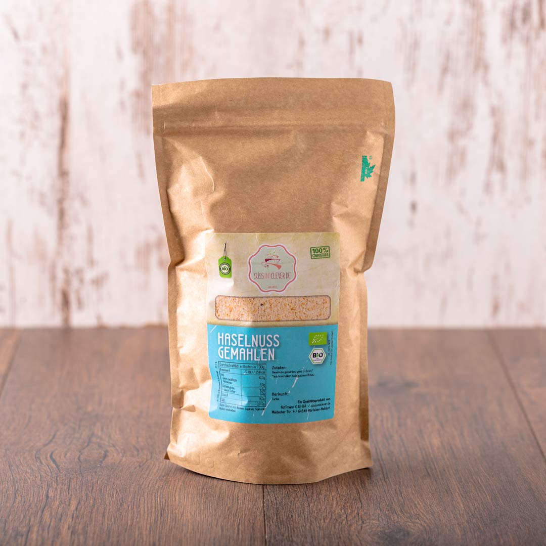 süssundclever.de® Bio Haselnussmehl | nicht entölt | unbehandelt | 1,0 kg | in ökologisch-nachhaltiger Bio-Verpackung | gemahlene Haselnusskerne |