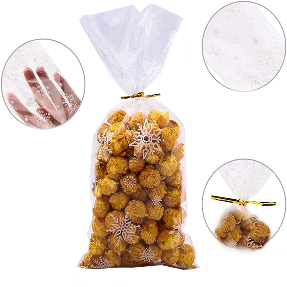 100 Stück Weihnachts Cellophantüten Mit Schneeflocken - Transparente Plätzchentüten Mit Metallbändern