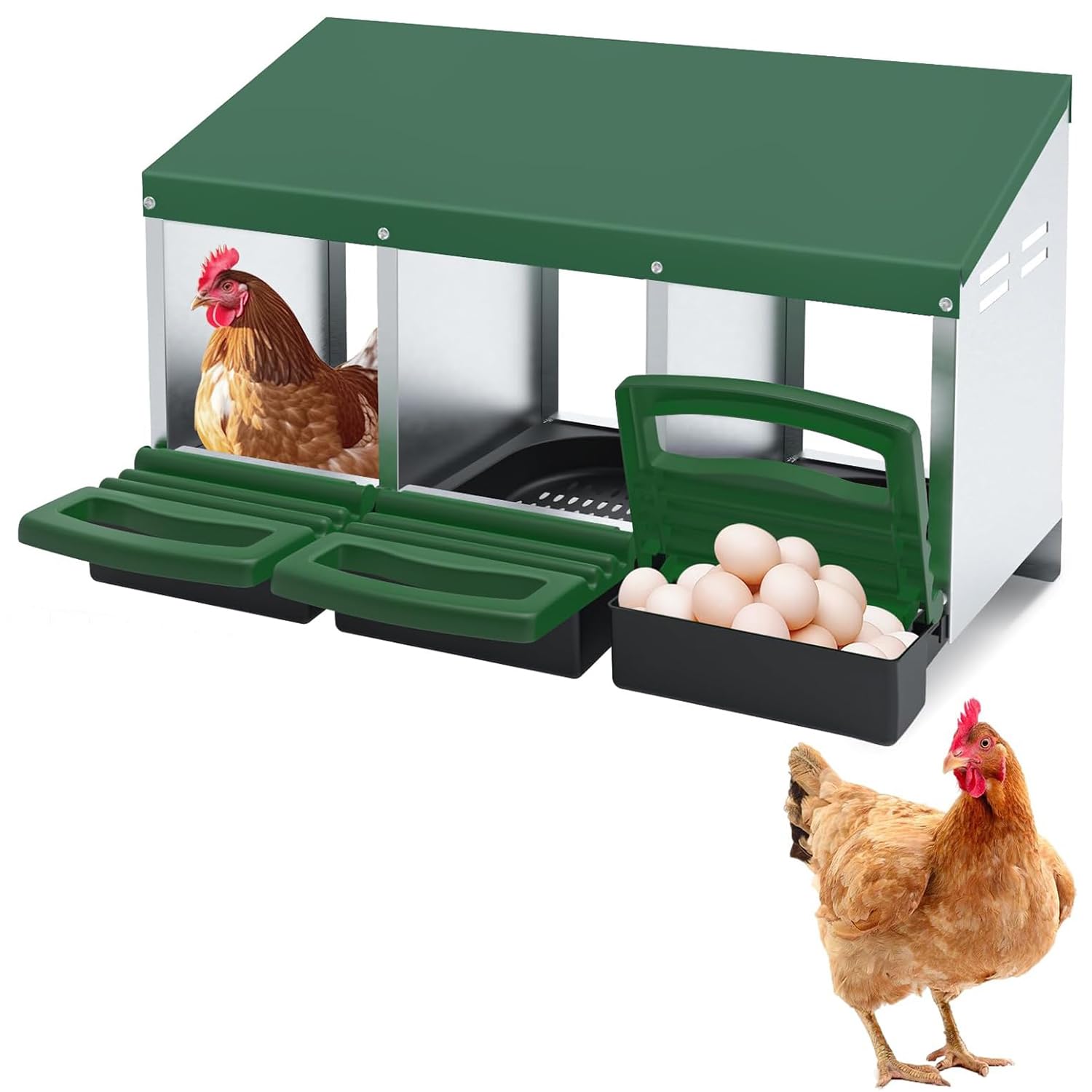 HEYOUTH Nido per Galline 3 Scomparti In Metallo, Gabbia Ovaiole, Massimo Ingombro 80x52x48 cm, Cassette di Incubazione per 15 Galline