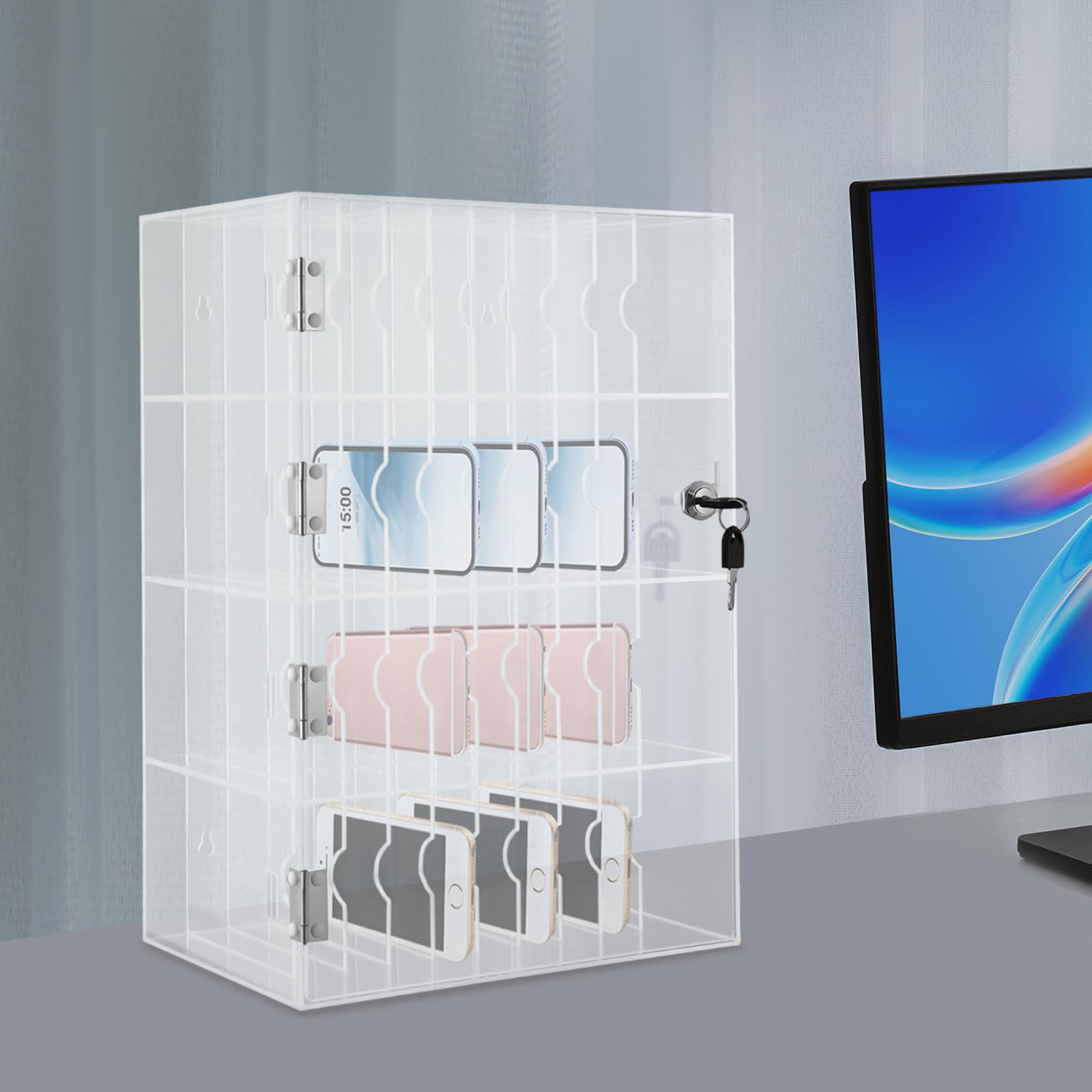 BANLICALI Phone Locker, 4 Tier 40 Slots Cell Phone Storage Locker w/Door Locks and Keys, Wall-Mounted Acrylic Cell Phones Storage Cabinet for Classroom Office Employees Clear, Included Charging Hole