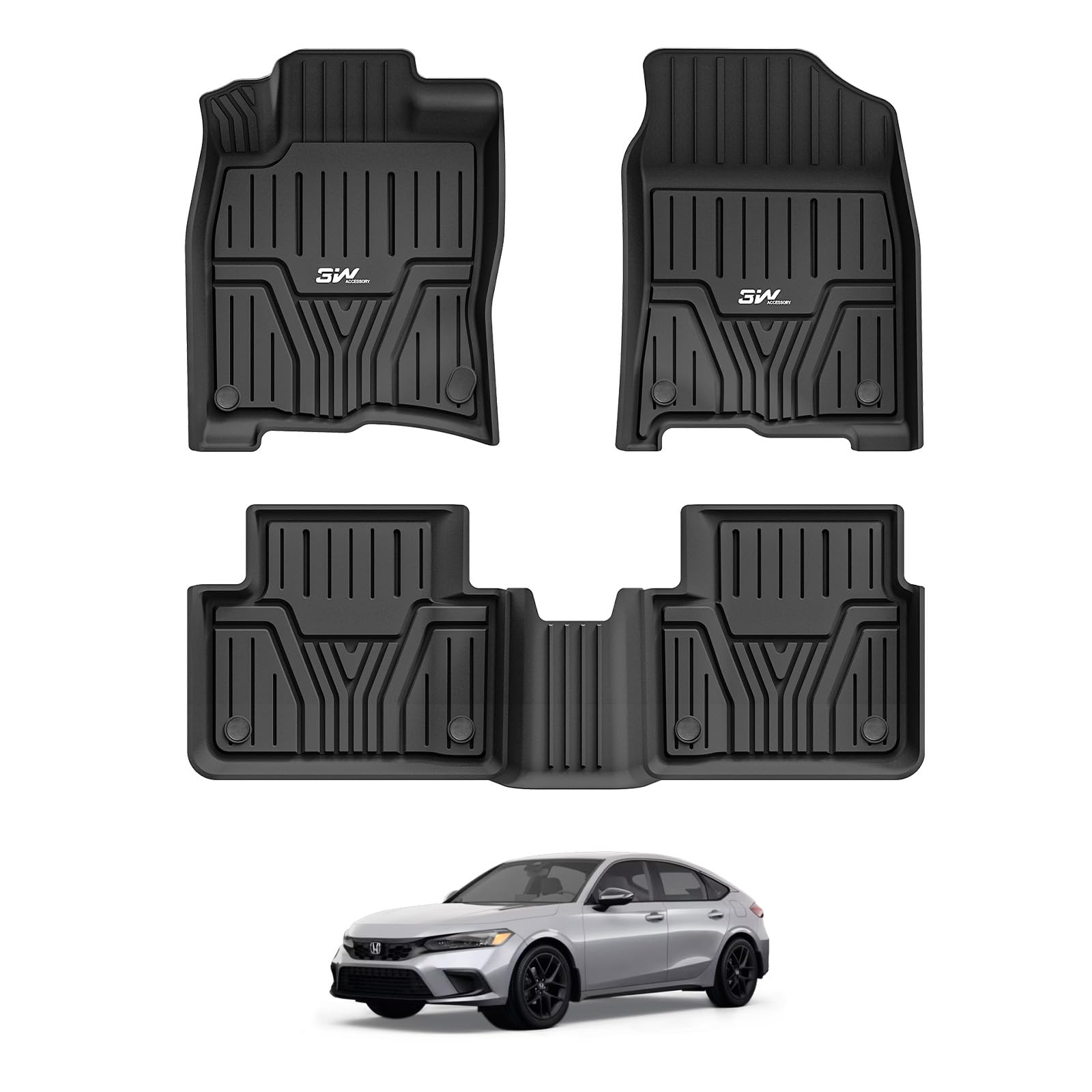 3W Floor Mats for Honda Civic 2022-2024 2025 (Not Hybrid)/Acura Integra 2023-2025 TPE All Weather Custom Fit Non-Slip Floor Liner Si/Type R/Hatchback/Sedan 1st 2nd Full Set Car Mats 10+Yrs Lifespan