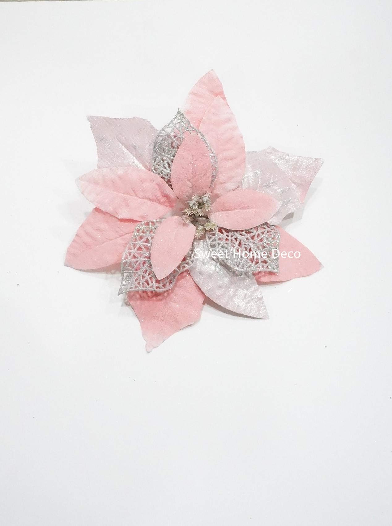 9''W Silk Shinning Sprakled Poinsettia Artificial Flower Heads (Set of 5) Christmas Decorations Colorfull Poinsettias (Blush Pink)