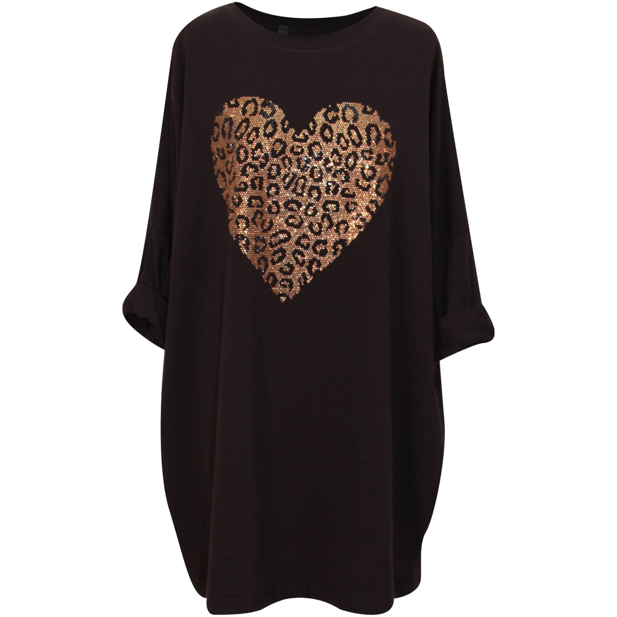 Women Italian Heart Top Ladies Animal Print Cotton Top Plus Size Tunic Shirt Summer Casual Wear Batwing Sleeves Shirt for Women Girls Long T-Shirt Heart Design One Size Blouse 14-24 UK