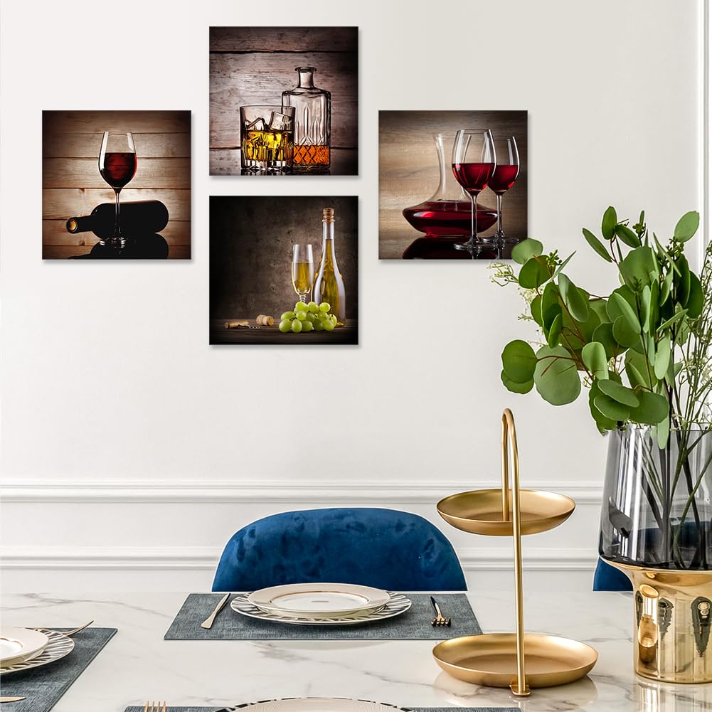 Artscope 4 parti Stampa su tela - Bicchiere da vino rosso, decorazione da parete per camera da letto, dipinti ad olio per casa, bagno, soggiorno, 30 x 30