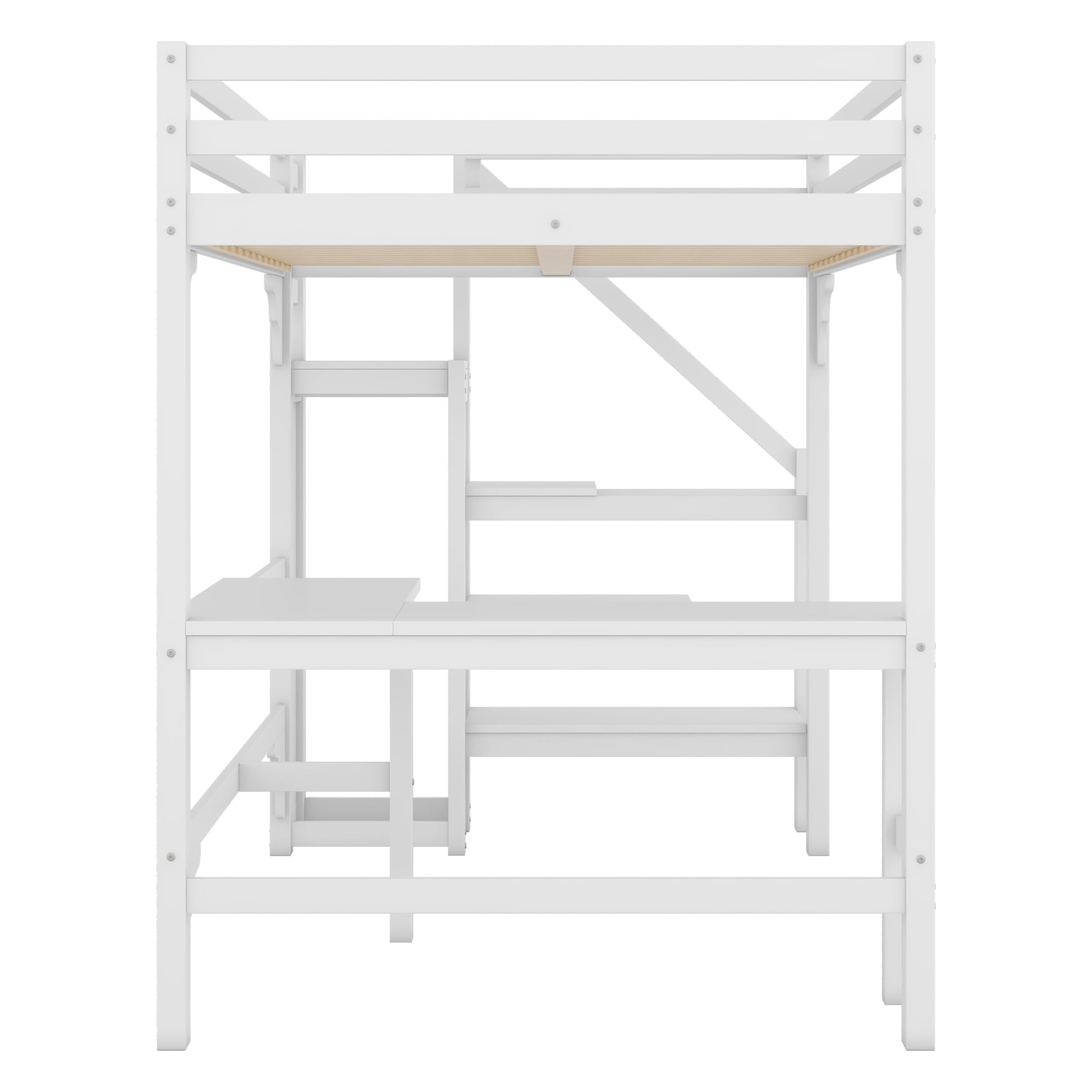Wiuzo Letto a soppalco, 140 x 200 cm, elegante scrivania a forma di L, in legno di pino, stile minimalista, bianco