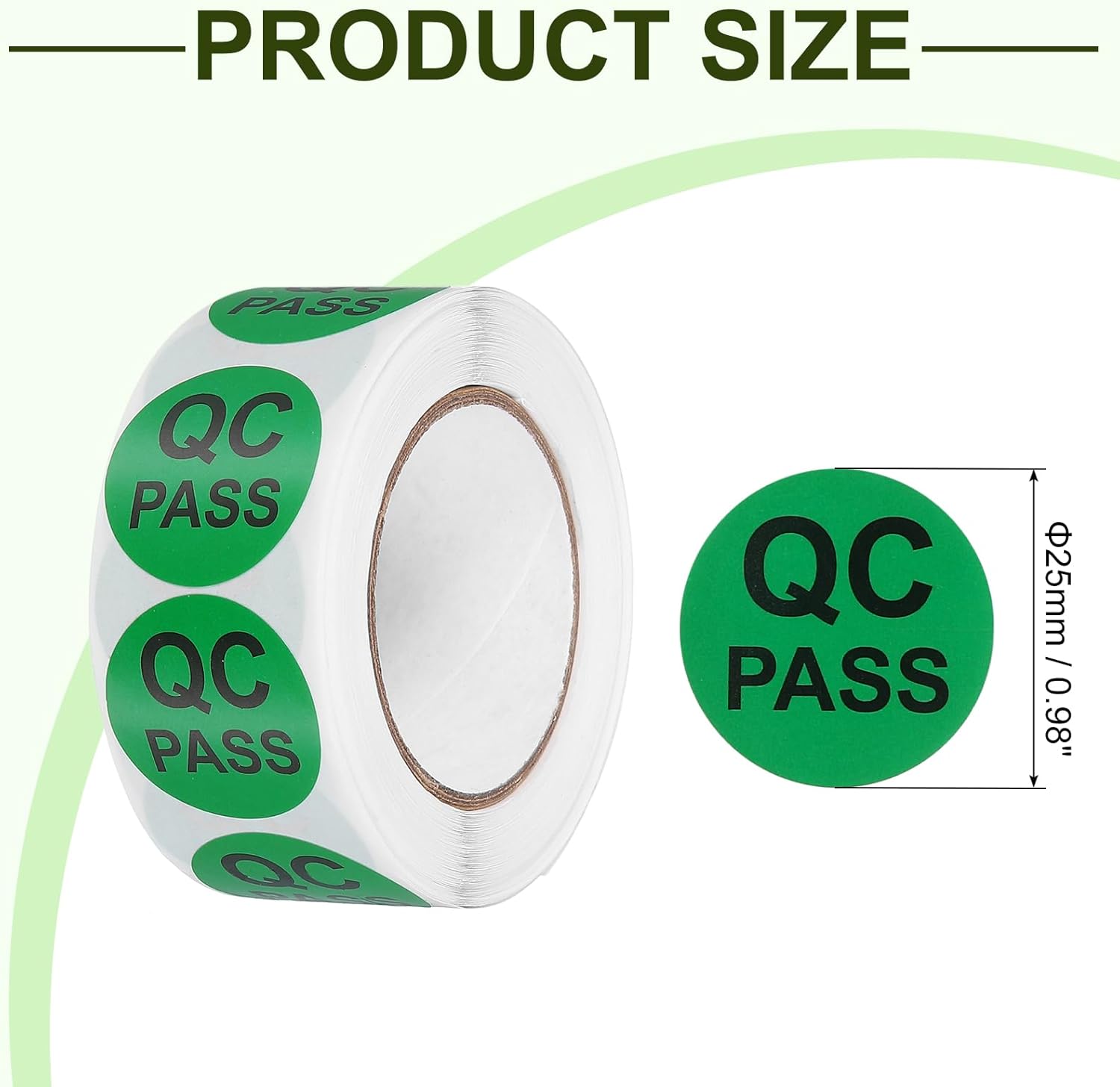 Diagram showing the 25mm or 0.98 inch diameter of a QC Pass label