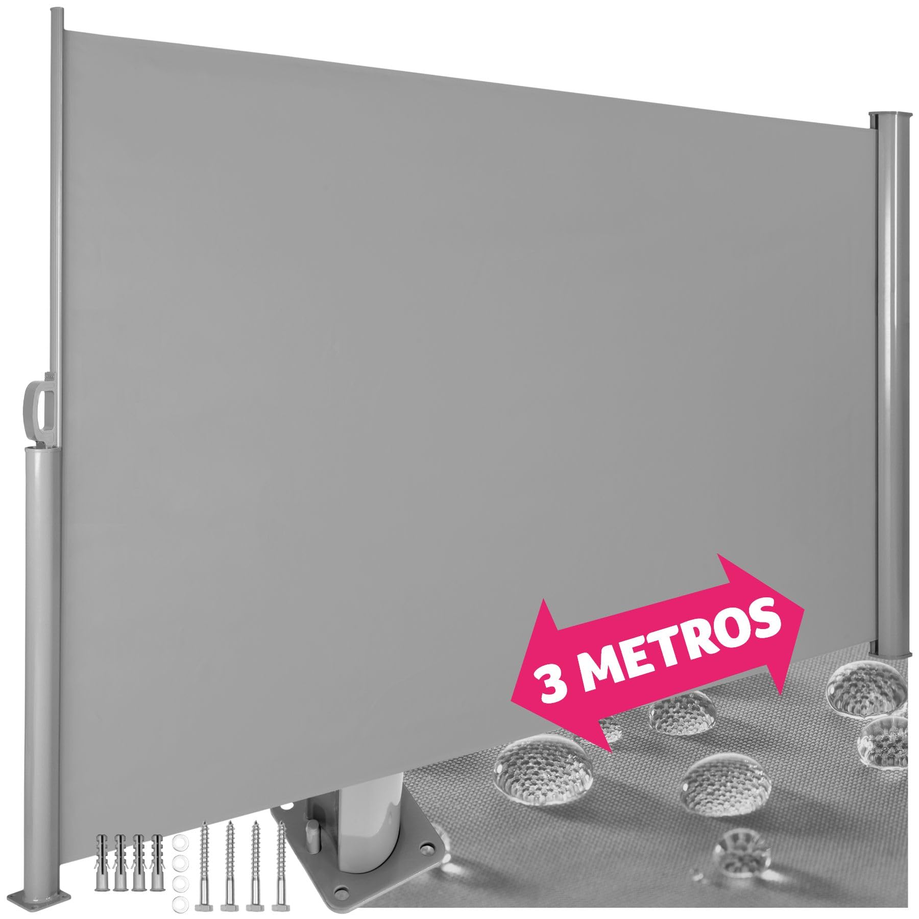 tectake® Toldo Lateral Retráctil, Separador de Ambientes Exterior, Tela Toldo Impermeable 240g/m², Protección Solar, Viento, Privacidad, Toldos Exterior Terraza, Biombo Exterior - 180x300cm Gris