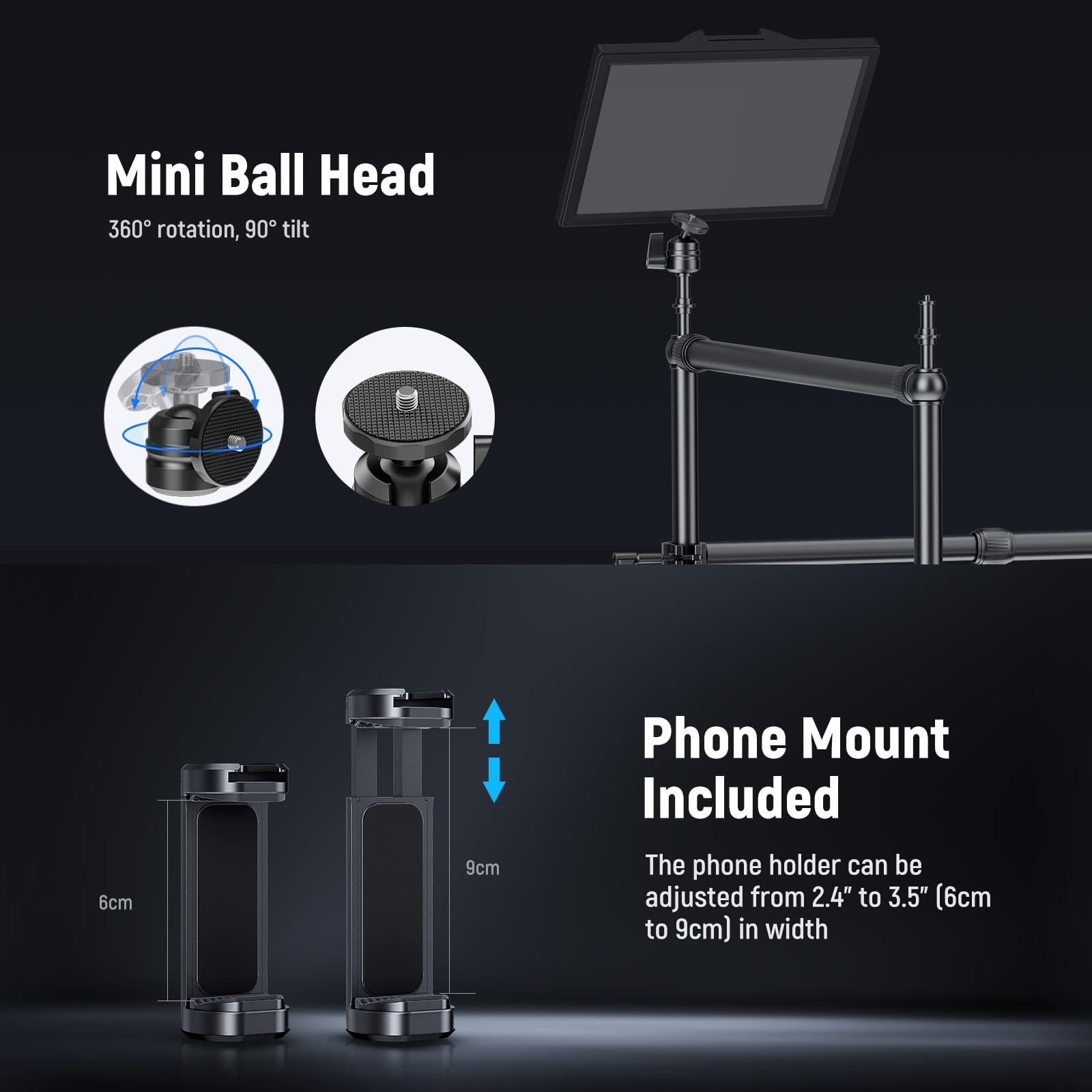NEEWER Overhead Camera Mount Rig with 2 Ball Heads, Super Clamp/Mobile Phone Holder/Camera Desk Mount, Multi Device Mount, Platform Overhead Tripod, Adjustable Height Width, Max Load 12 kg, NK002: 10103702