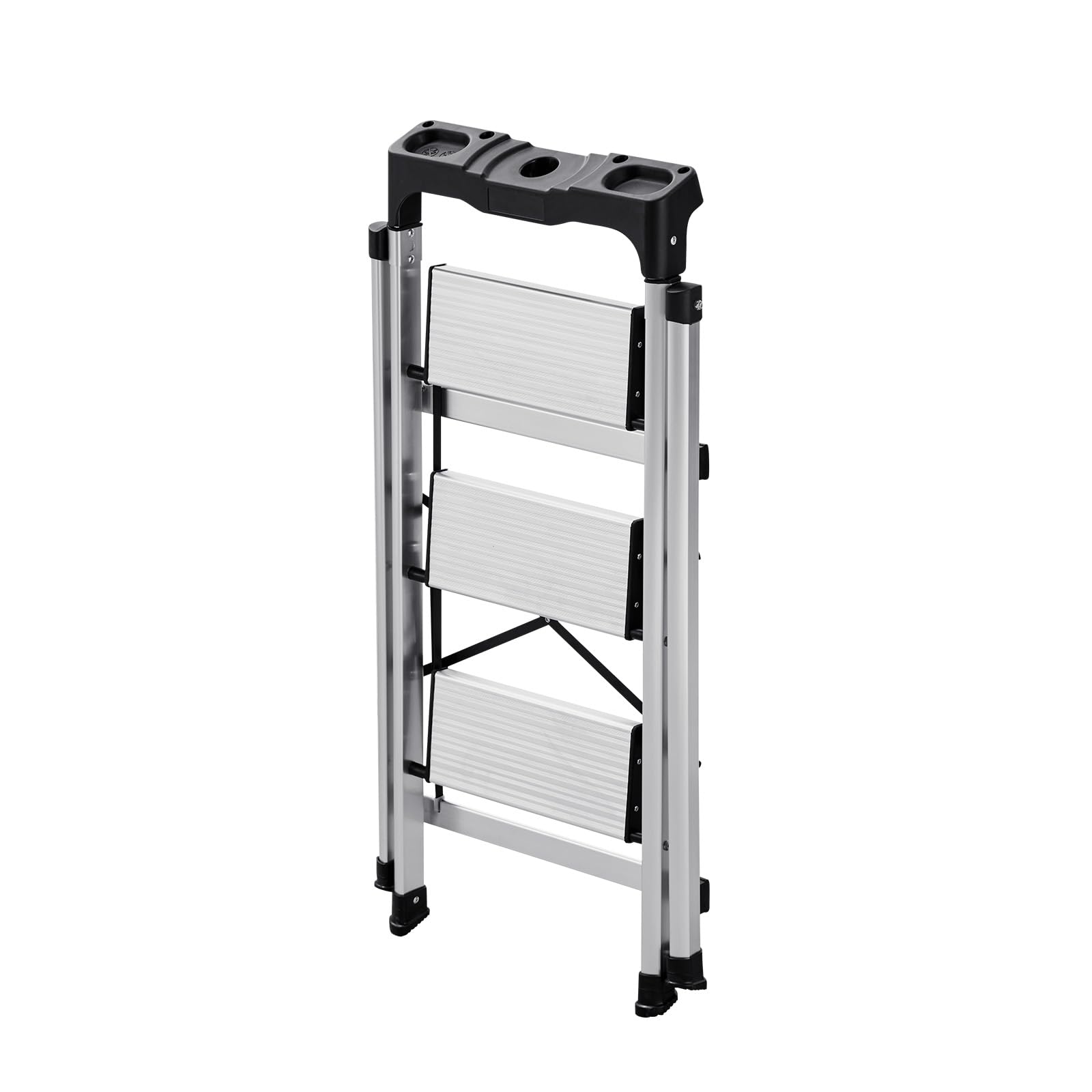VEVOR Escabeau Pliant 3 Marches Marchepied Pliable Charge 150 kg Échelle Domestique Alliage d'Aluminium pour Travaux Ménagers, Bricolage, avec Larges Marches Antidérapantes, Plateau à Outils, Argenté