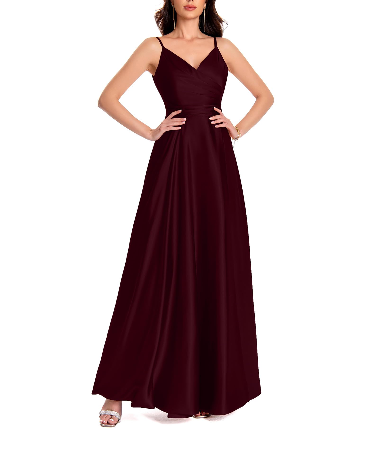 xxxiticat Damen V-Ausschnitt Spaghettiträger Satin Brautjungfernkleider Formeller A-Linie Abschlussball Abendkleider mit Schlitz