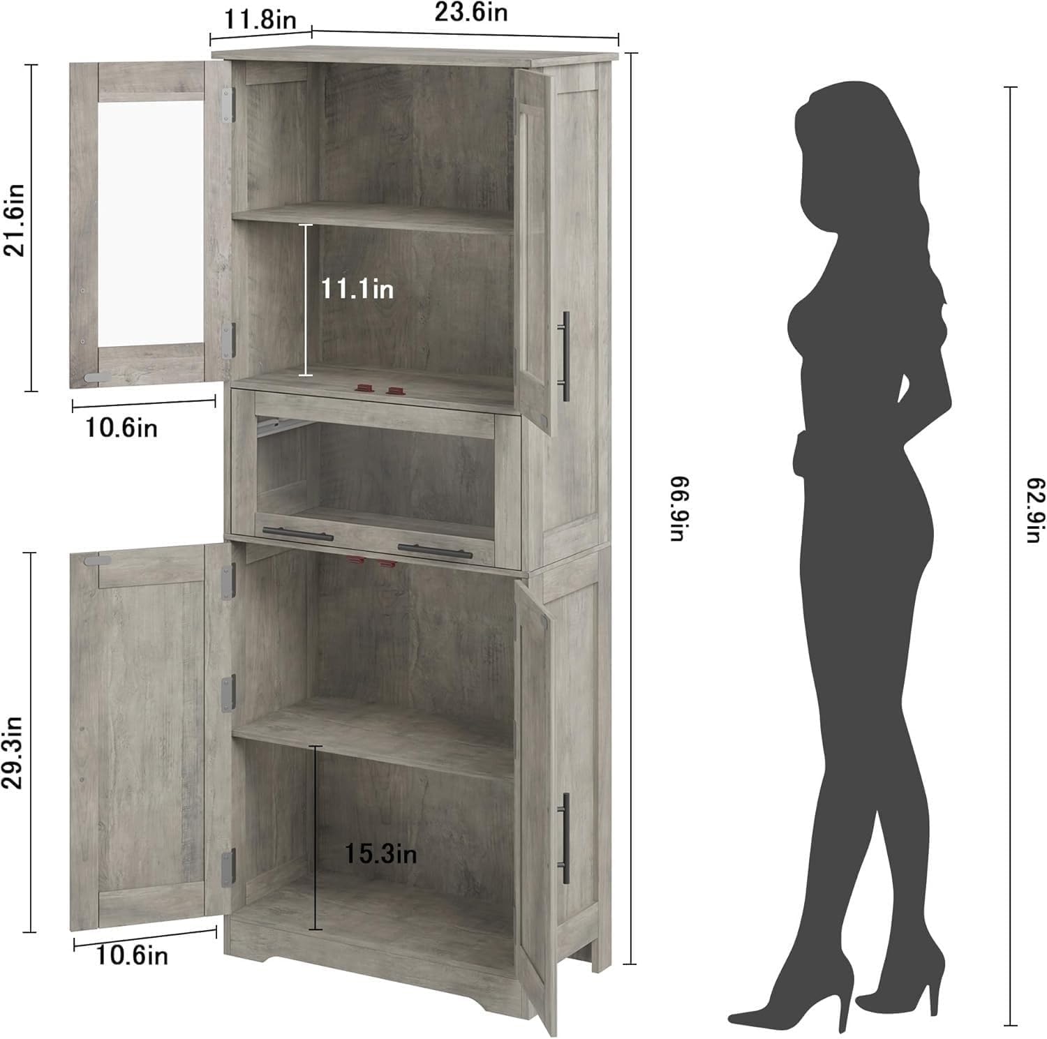Armario de Baño de Doble Compartimento, Mueble de Baño con Puertas y Estante Ajustable, para Baño, Lavandería y Espacios Pequeños, Gris, 60×30×170 cm