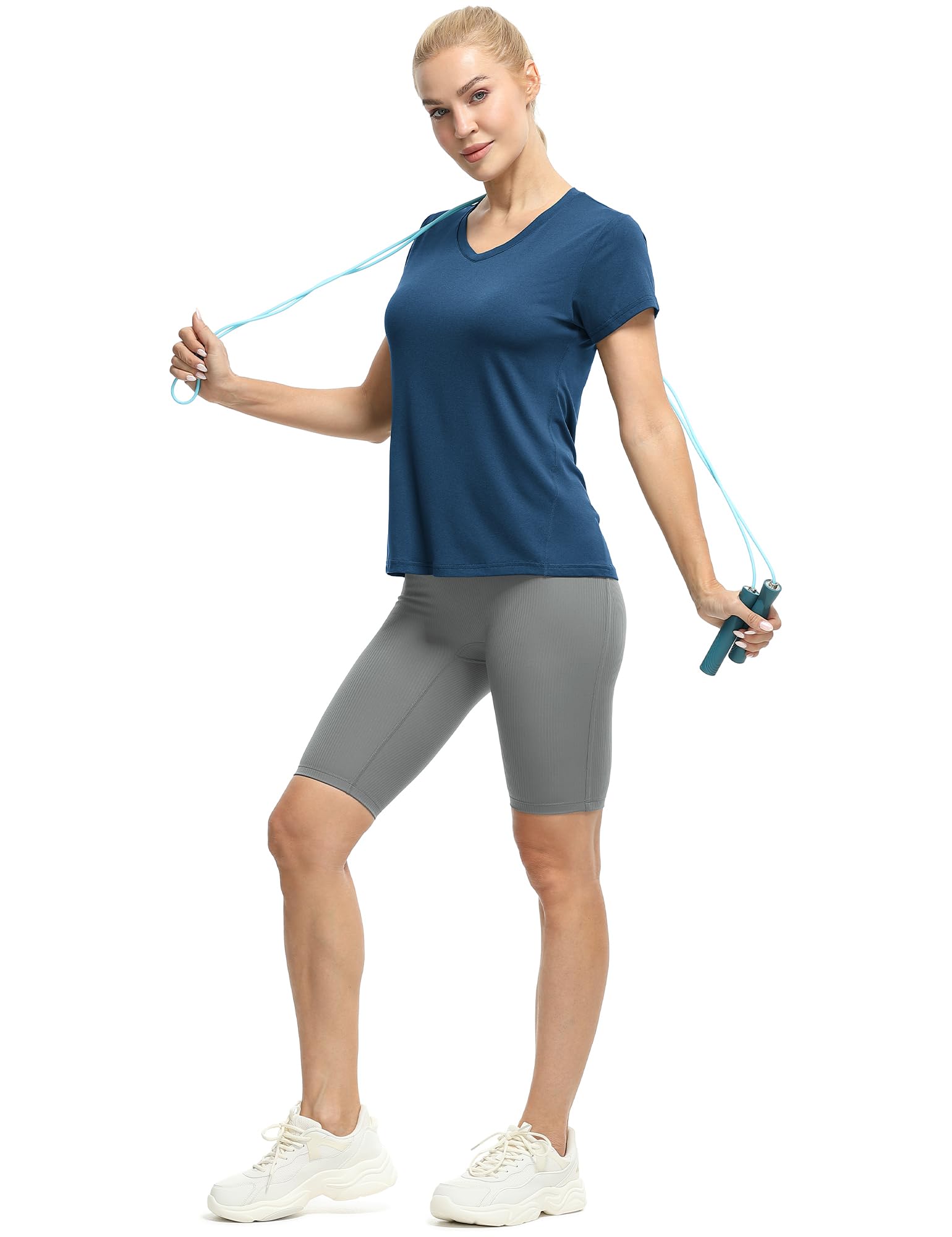 icyzone Damen Sport T-Shirt Kurzarm V-Ausschnitt Laufshirt Atmungsaktive Fitness Gym Funktions Shirt
