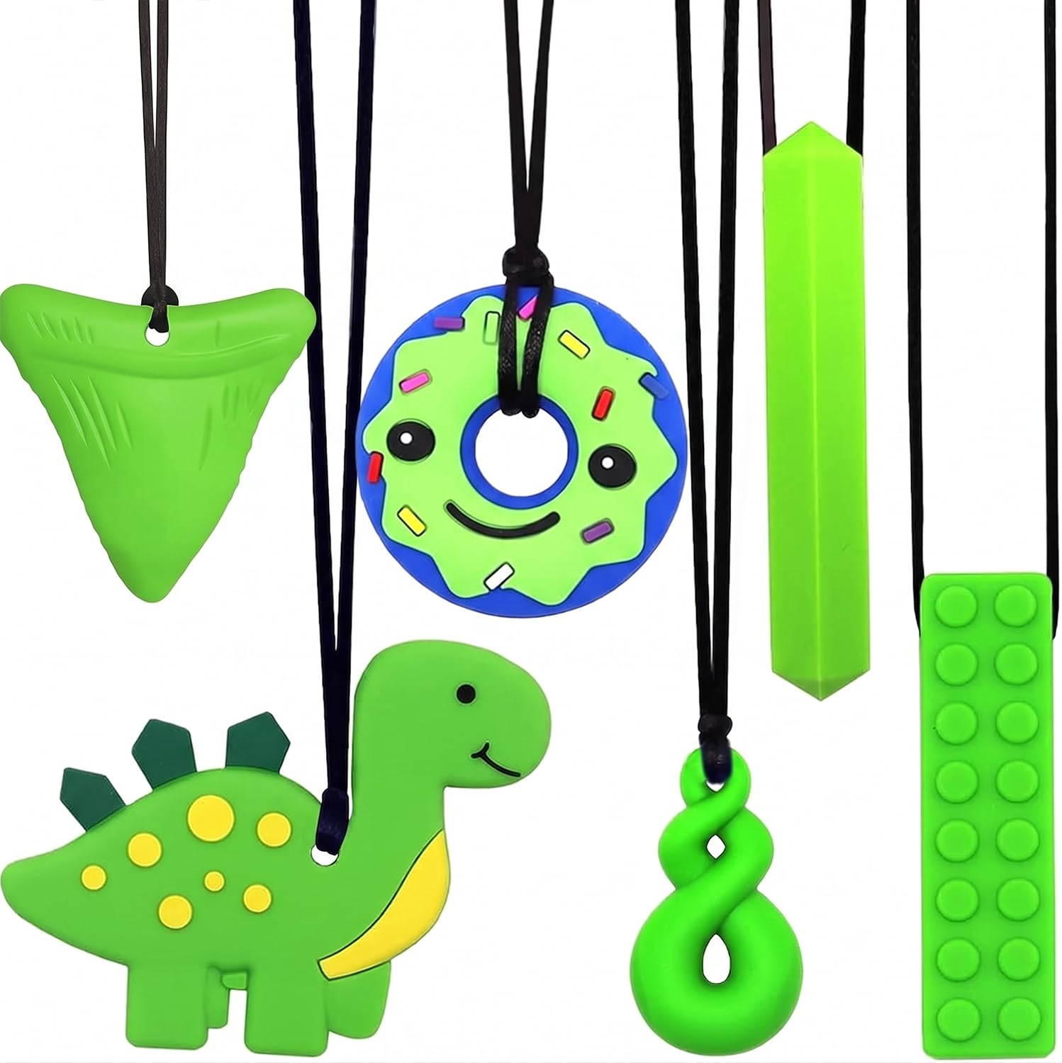 6PCS Sensory Chew Necklace, Teether Chew Toys Safety Food Grade Silicone for Kids Toddlers ADHD, Autistic, Biting Needs, Oral Motor Teether Chew Pendant Toy with Adjustable Buckle for Baby Boys(Green) — image 1