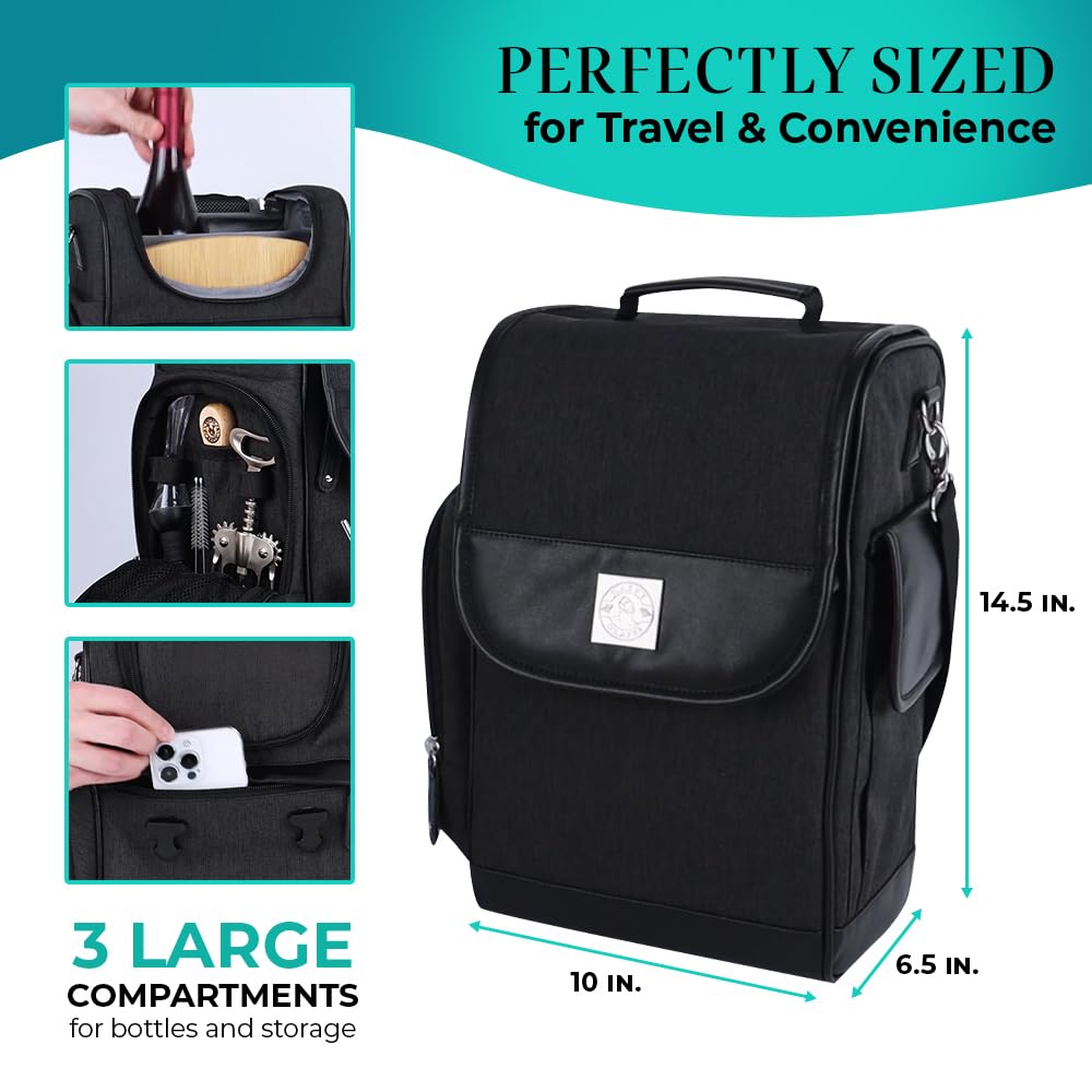 Happy Grapes Wine Tote Bag Set - Insulated Wine Carrier with 2 Stainless Steel Tumblers, Aerator, Charcuterie Board & Knife, Bottle Stoppers, Opener & Wash Cloth - for Picnics Beach Patio Pool Camp t