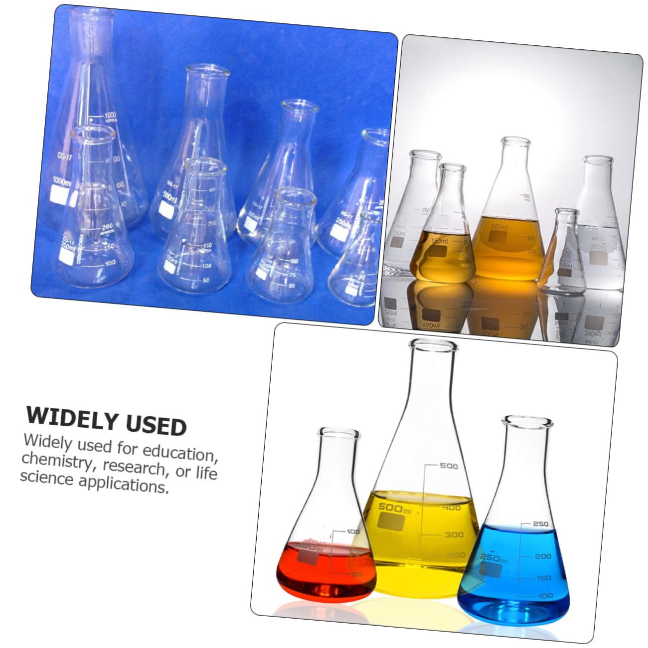 Ciieeo Lot de 3 Fioles Erlenmeyer en Verre Borosilicate Épais 100ml 250ml 500ml, Flacons Coniques Gradués à Col Étroit, Fond Plat, pour Laboratoire Scientifique et Éducation