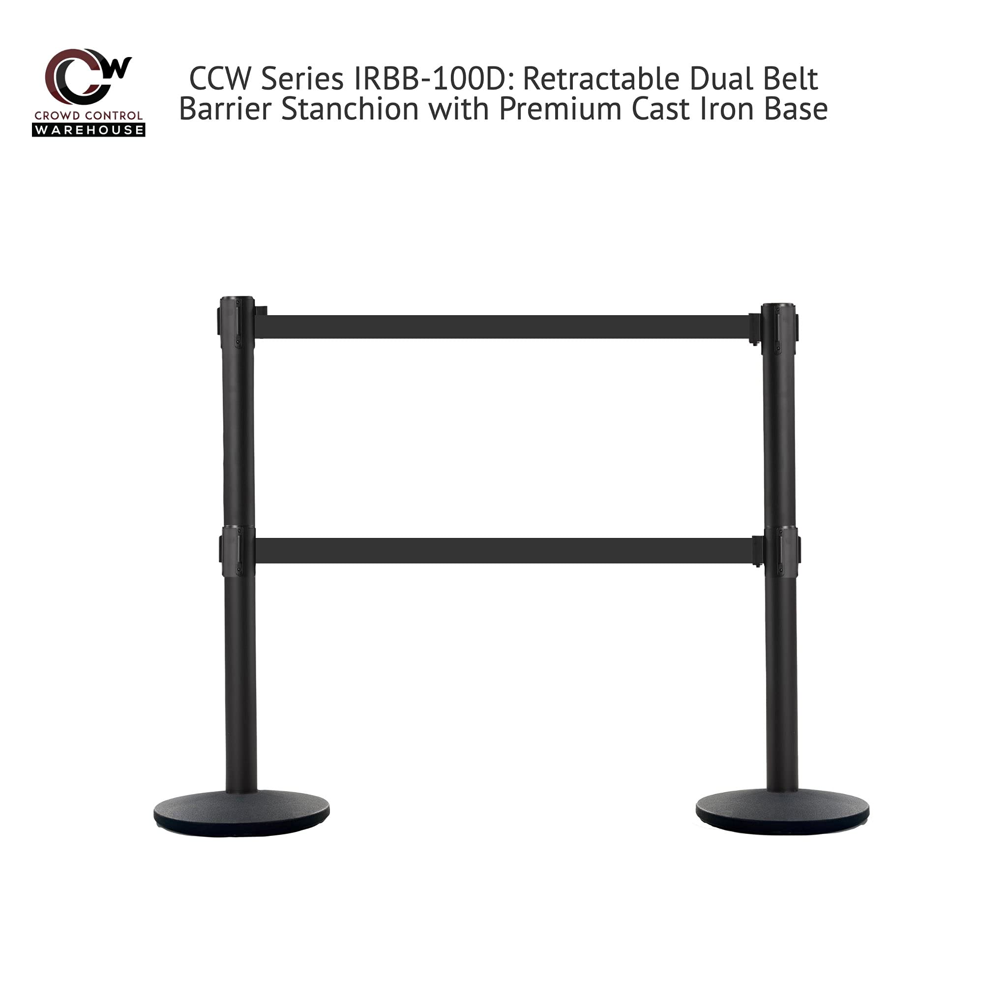 Crowd Control Warehouse CCW Set of 2 Dual Retractable Belt Barrier Stanchion, Cast Iron Base Black Post, IRBB-100D (11 Belt, Green Belt)