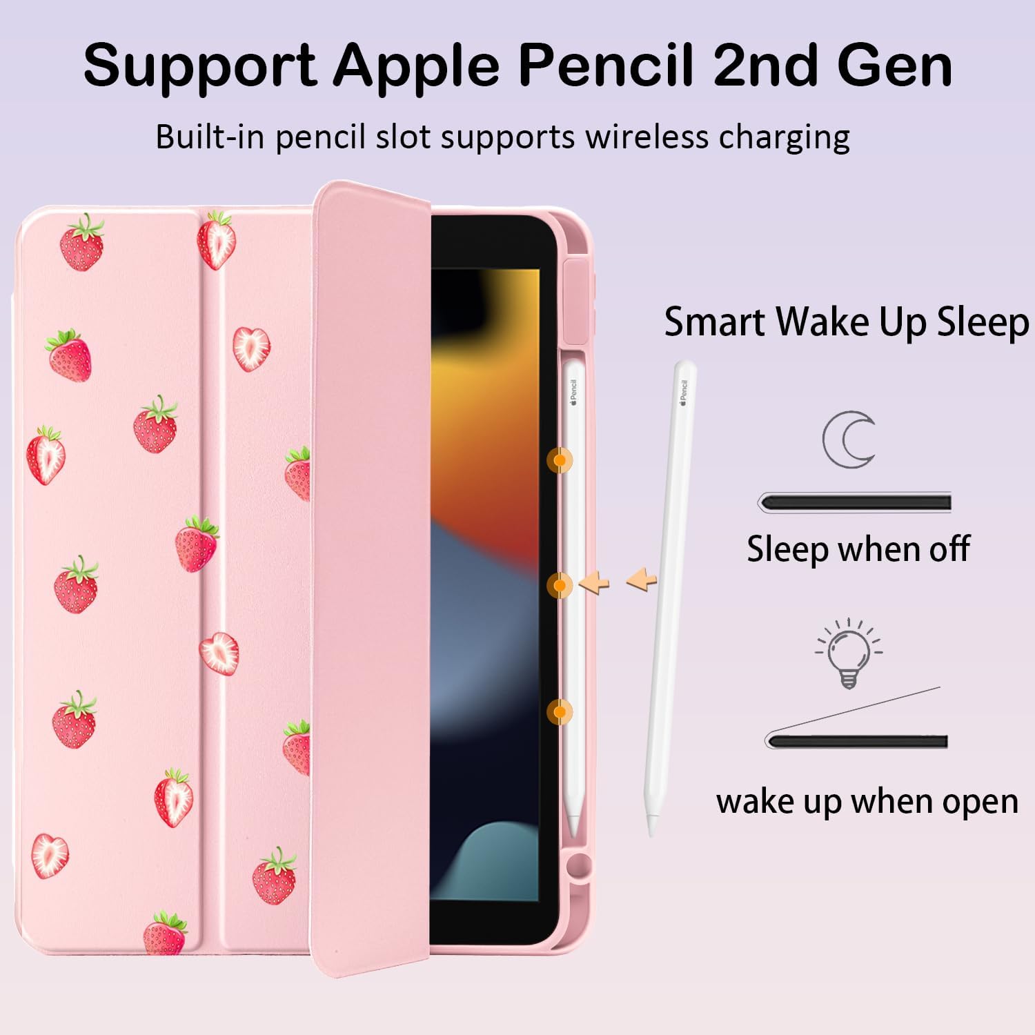 Cute Kawaii Strawberry for iPad mini 7 A17 Pro 2024/iPad Mini 6 Case with Pencil Holder, Auto Sleep/Wake, Pink Leather Clear Acrylic Back Cover - Image 3