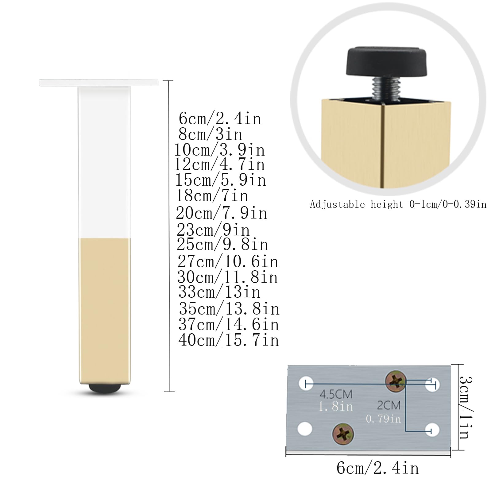Gambe regolabili in pelliccia di metallo, 4 pezzi, gambe in alluminio per divano, piedini di ricambio fai da te per tavolino da caffè e TV Cabi, altezza 7,6 cm, design moderno bianco
