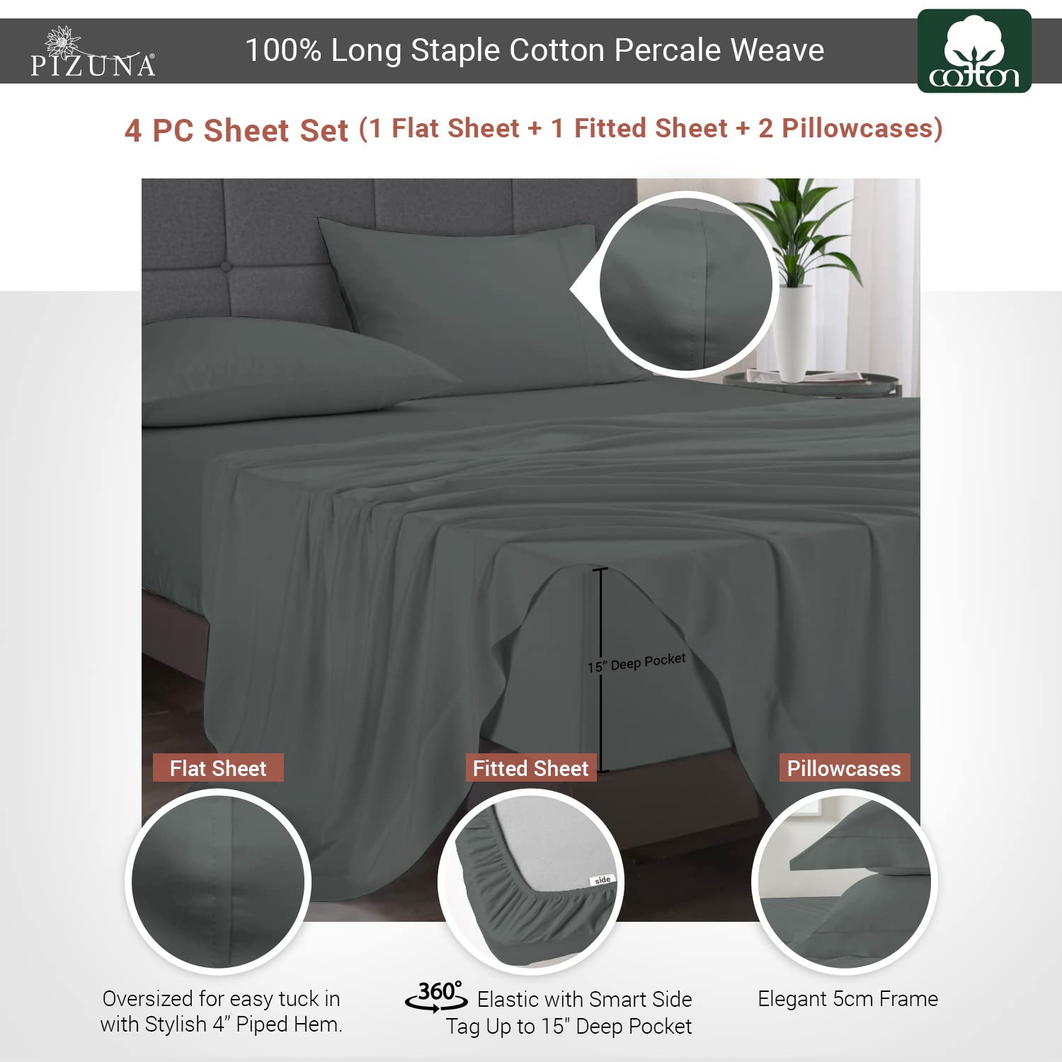 Pizuna Sheet Set, Dark Grey, Sheet Set - King - Image 3