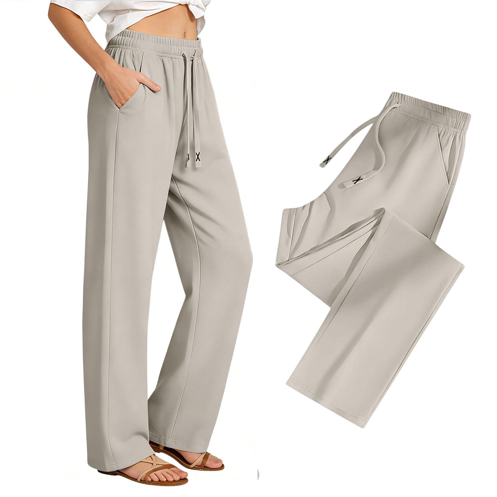 Khaki Joggers for Women UK Quick-Dry Straight Leg Long Trousers Pockets