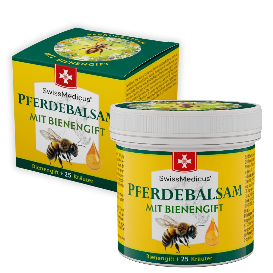 SwissMedicus Bálsamo de caballo con veneno de abeja y 25 hierbas – al mismo tiempo fresco y caliente – para masaje de la piel en la zona de la espalda y las articulaciones estresadas, 150 ml