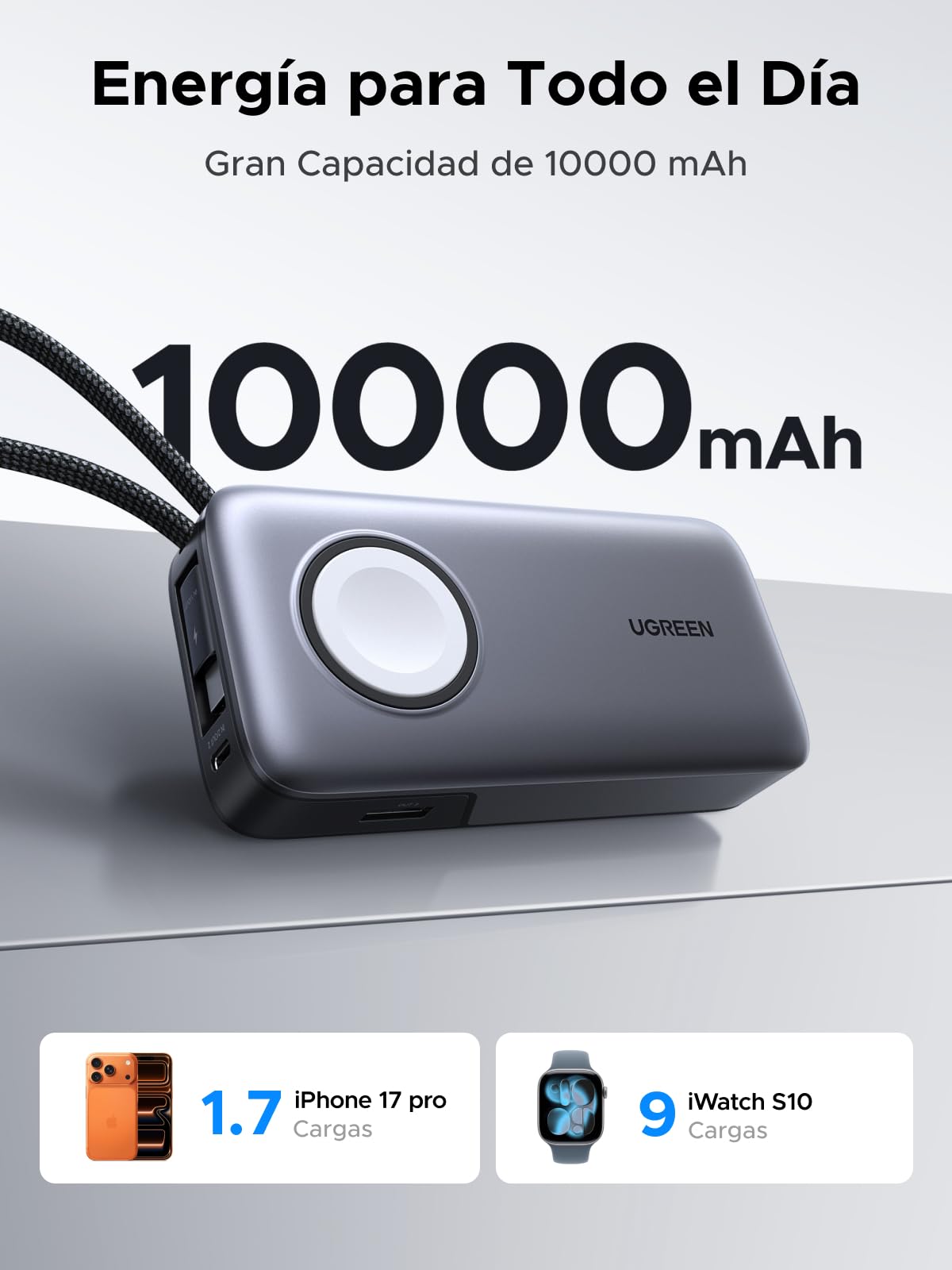 UGREEN Nexode 30W Power Bank 10000mAh Batería Externa USB C Carga Rápida | 4 EN 1, Cable Type C Integrado, 2 Puertos 1C1A, Carga Magnética 5W para iWatch, Compatible con iPhone 17 16 14 Galaxy S26 S25