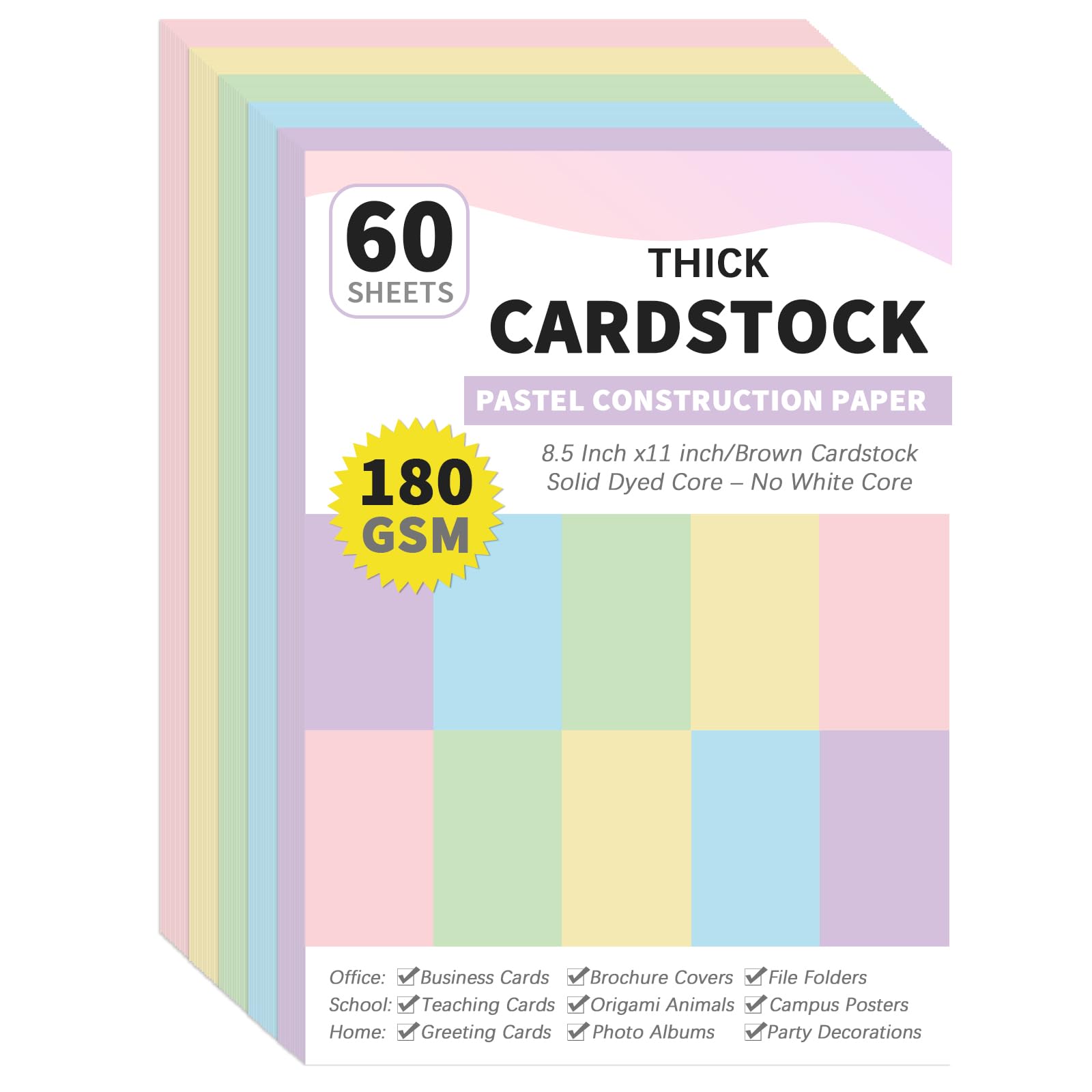 gisgfim 60 hojas de cartulina pastel de 8.5 x 11 pulgadas, papel de construcción de núcleo teñido sólido, 5 colores surtidos, papel para álbumes de recortes, 65 libras/180 g/m² para impresión