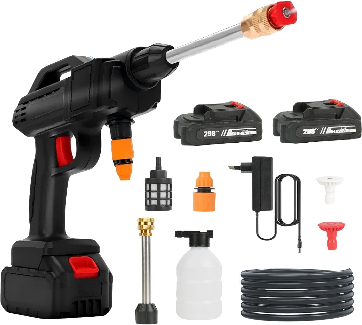 Hidrolimpiadora Bateria, 21V MAX 35Bar Press & Clean Pistola Lavado con 2X 6000mAh Baterías, Limpiador de Alta Presión Portátil para Coche, Terraza, Ventanas, Piscina (con 2 Batería)